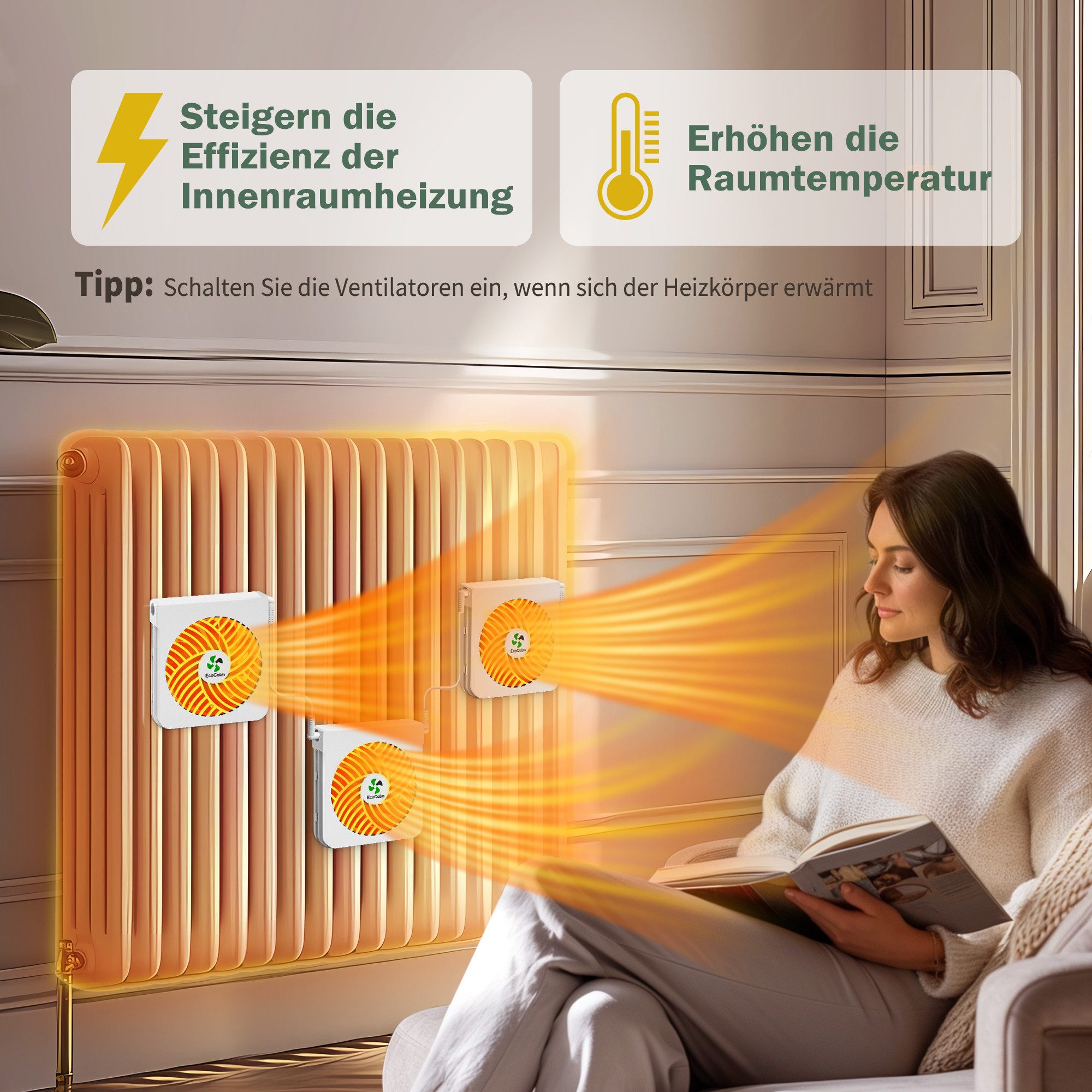 ecoCalm Heizkörperventilator 3/6 Lüfter mit Magnetbefestigung und Smart Thermostat, Erhöht Wärmeeffizienz und Spart Energie