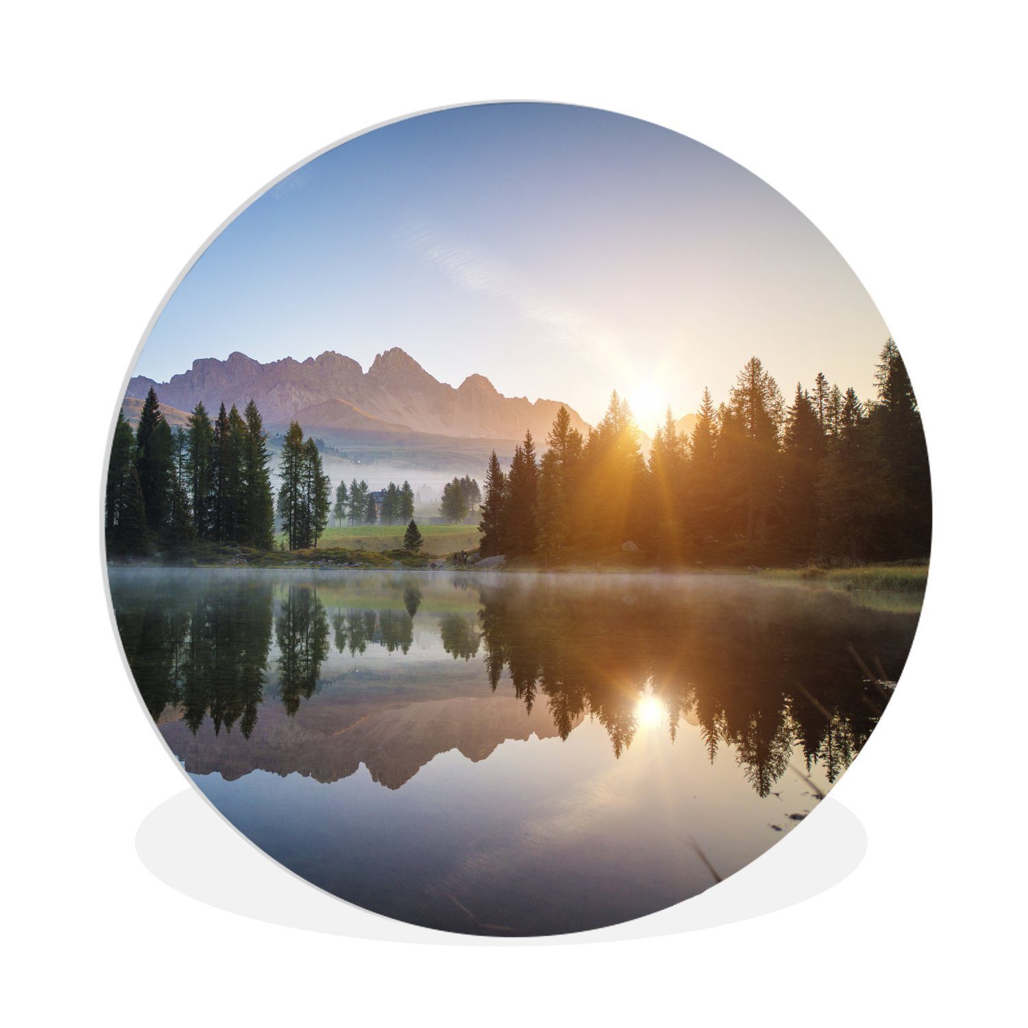 MuchoWow Gemälde Sonnenaufgang am Pragser Wildsee in Italien, (1 St), Kreis Wanddekoration Forex, Rundes Wandbild, Wohnzimmer, 30x30 cm | Gemälde