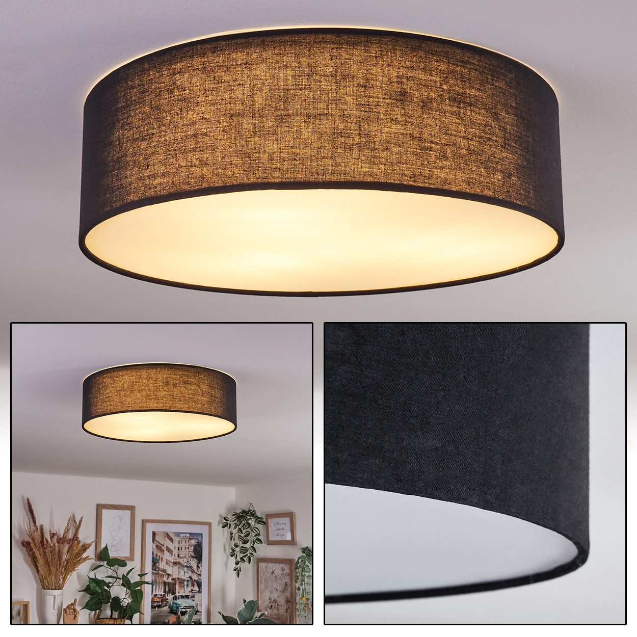 hofstein Deckenleuchte Deckenlampe aus Metall/Stoff/Kunststoff in Schwarz/Weiß, ohne Leuchtmittel, runde Leuchte im modernen Design (40 cm), E27, Esszimmer, Wohnzimmer