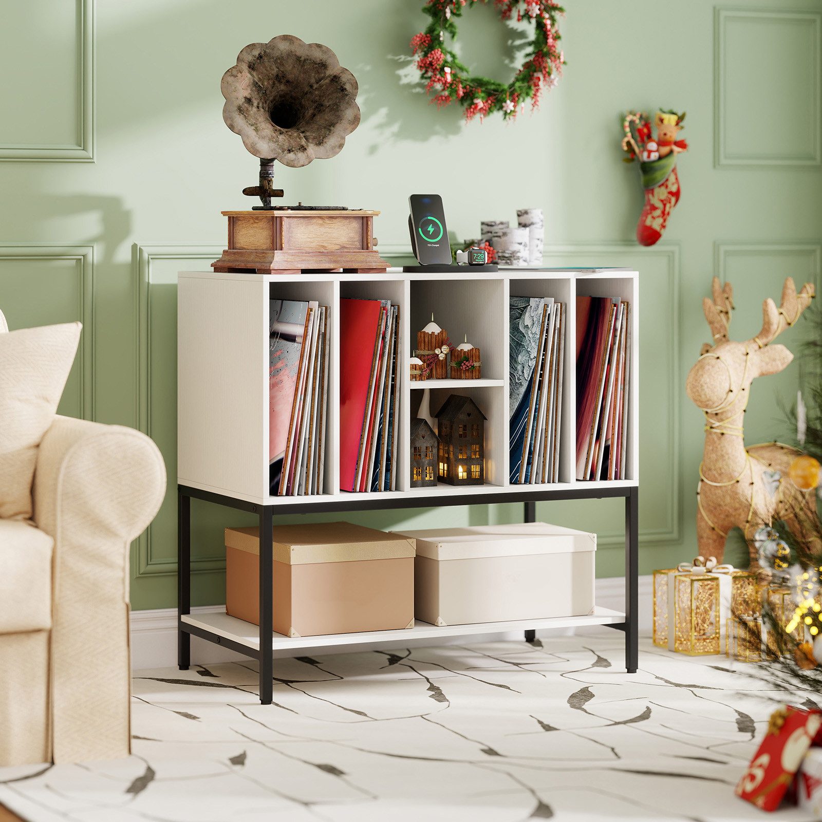 KOMFOTTEU Nachttisch, Plattenspielerständer mit Ladestation & offenes Regal günstig online kaufen