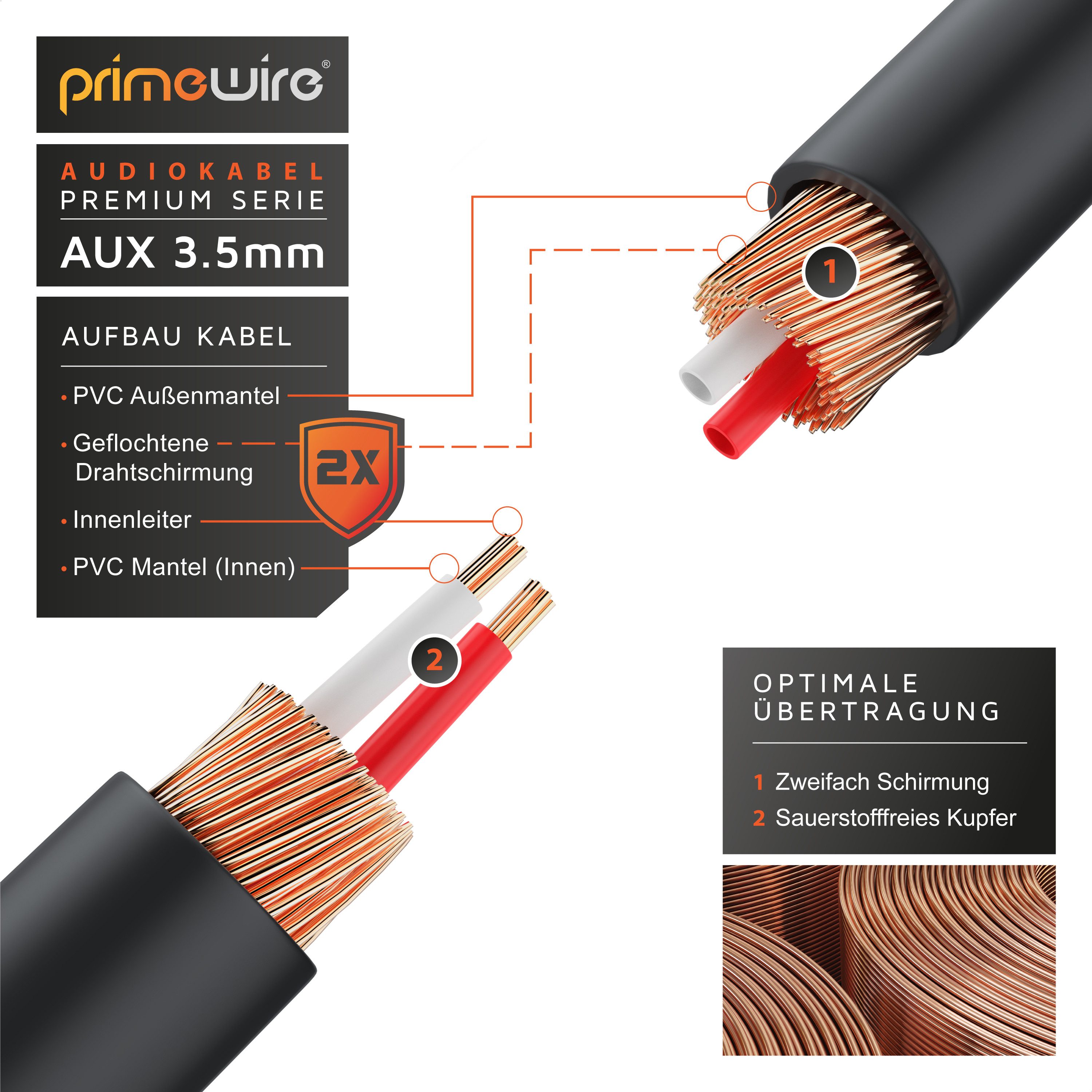 Primewire gewinkeltes HiFi Stereo Klinkenkabel / Verbindungskabel - 2m Audio-Kabel, AUX, 3,5-mm-Klinke (200 cm), für Smartphone, Auto, HiFi, klarer Sound ohne S – Bild 3 von 5