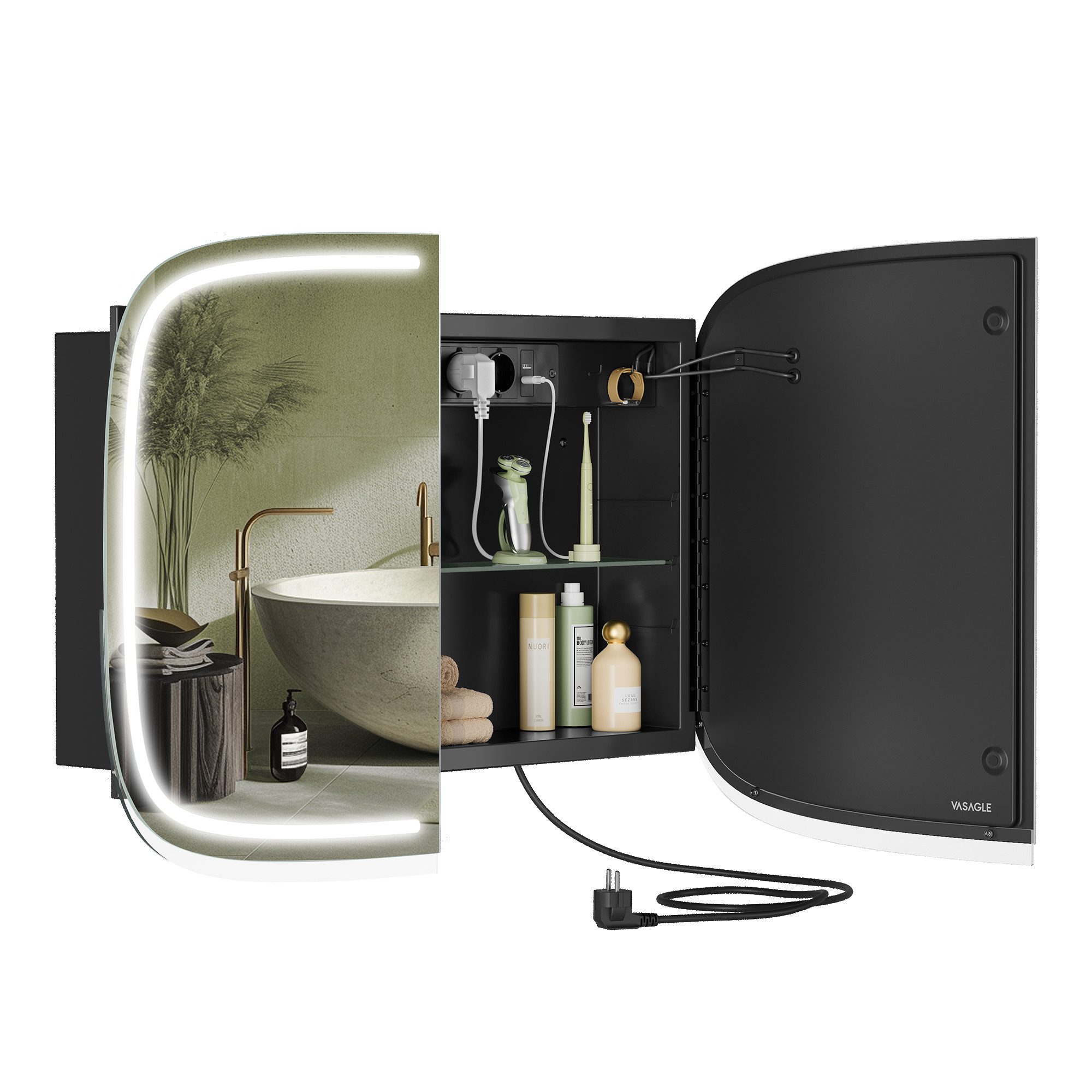VASAGLE Spiegelschrank mit Beleuchtung, mit 2 AC-Steckdosen und 2 USB-Ansch günstig online kaufen