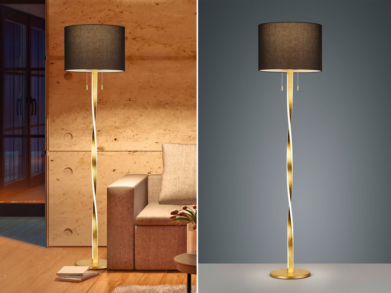 meineWunschleuchte LED Stehlampe, LED fest integriert, LED wechselbar,  warmweiß, groß-e Designer-lampen Schwarz Gold-en Stoff dimmbar Ecke, Höhe  160cm