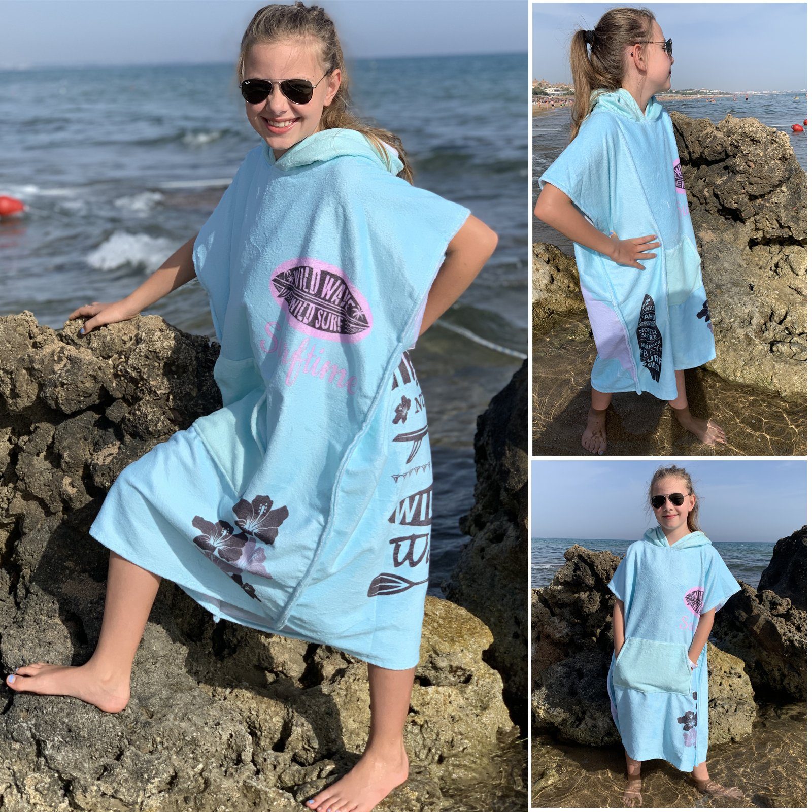 HOMELEVEL Bademantel Badeponcho für Kinder und Teenager - Poncho Handtuch mit Kapuze, Baumwolle