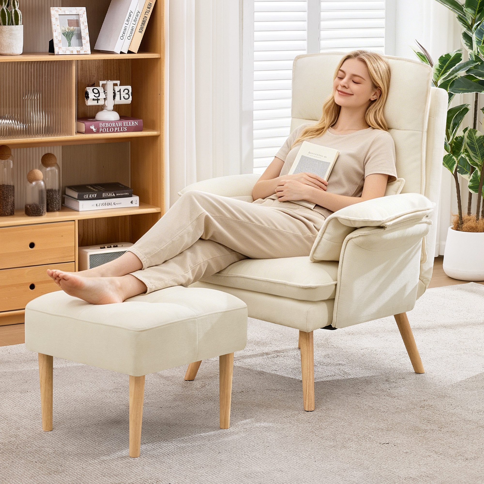 i@home Relaxsessel mit Hocker, Fernsehsessel (bestehend aus Sessel und Hocker), 5-fach verstellbarer, gepolsterter Kopf-und Armlehnenkissen,Holzbeinen