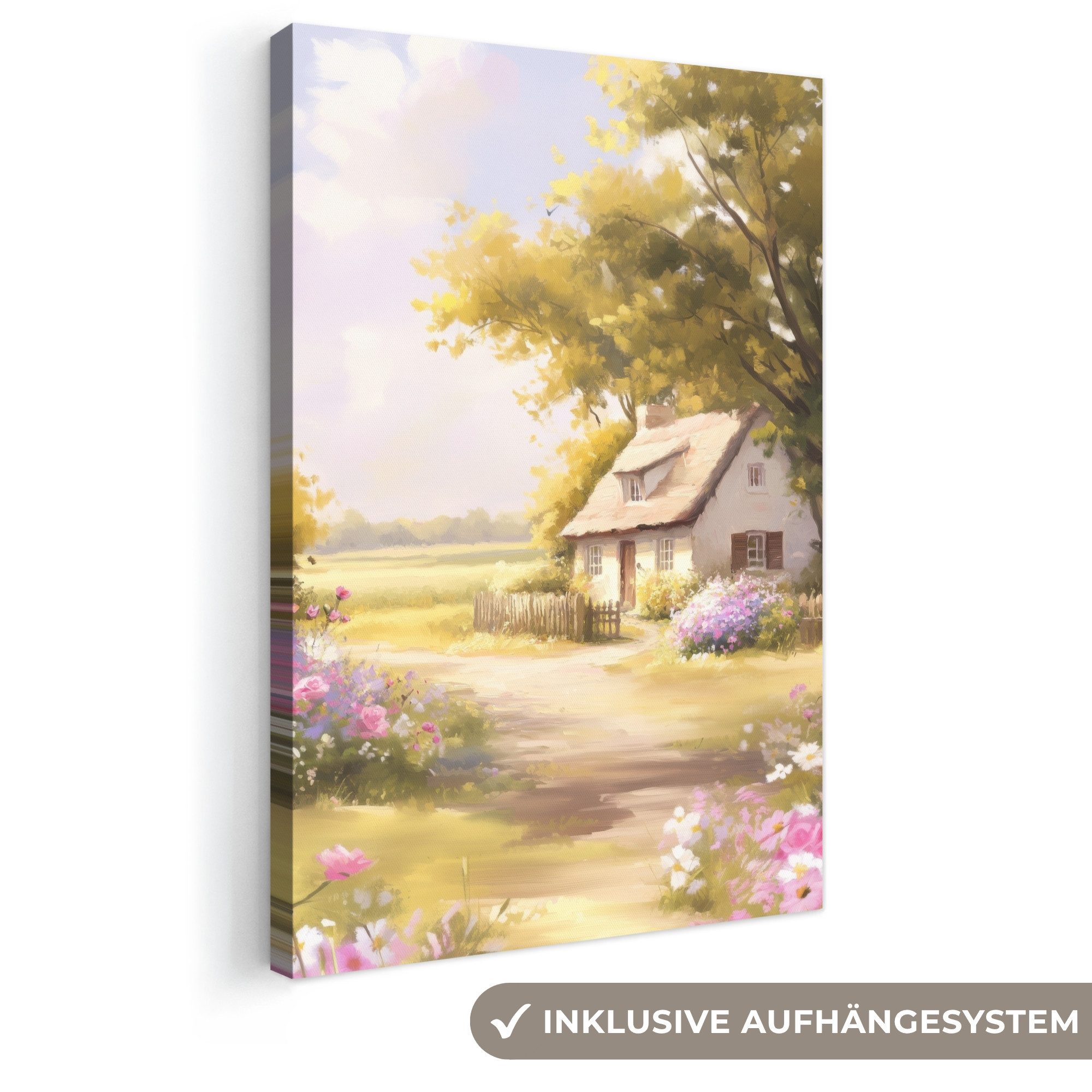 OneMillionCanvasses® Leinwandbild Landhaus - Holz - Blumen, Fotodruck (1 St), Leinwand Canvas Wandbild, Wanddekoration 20x30 cm