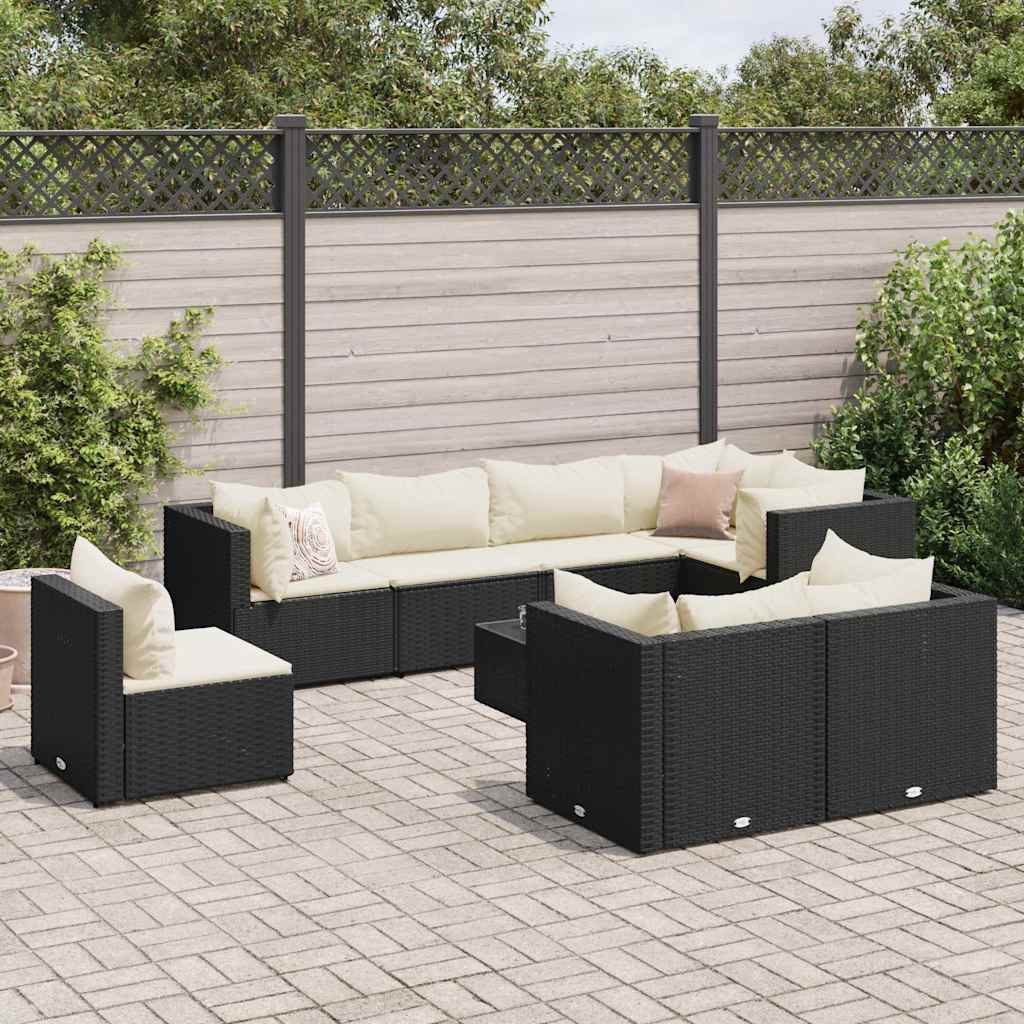 vidaXL Gartenlounge-Set, 9-tlg. Garten-Lounge-Set mit Kissen Schwarz Poly Rattan