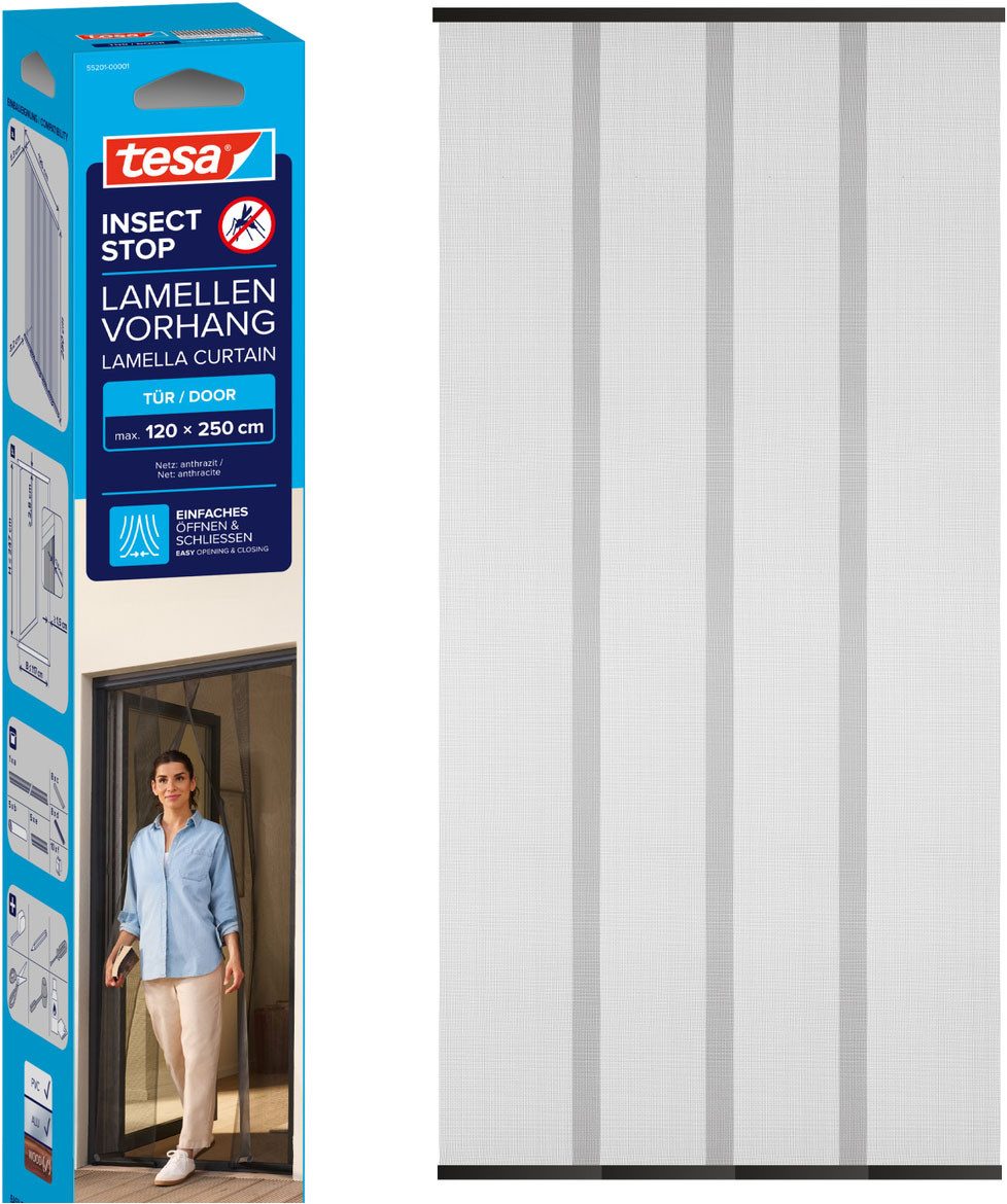 tesa Insektenschutz-Tür Lamellen Vorhang - Fliegenvorhang für Balkon und Terassentüren, (Packung, 1-St., Fliegennetz, Klettband), INSECT STOP Vorhang inkl. Klettverschluss - 120 x 250 cm