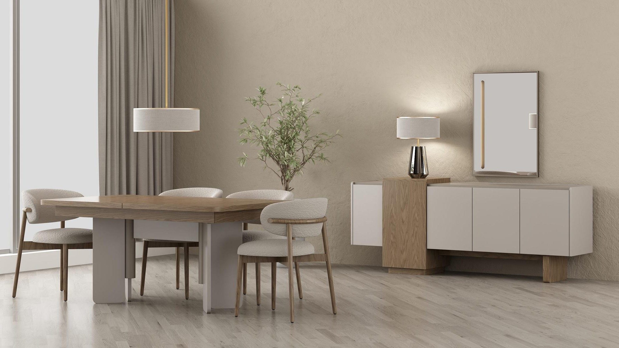 Xlmoebel Esszimmer-Set Modernes Esszimmer Set Esstisch 4 Stühle Sideboard Spiegel Weiß Holz, (7-St., 1x Tisch, 4x Stühle, 1x Sideboard, 1x Spiegel)