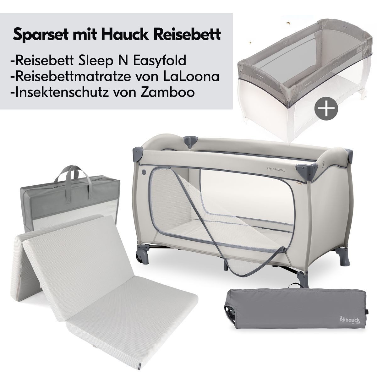Hauck Baby-Reisebett Sleep N Easyfold Set - Dark Grey, Baby Kinder Reisebett mit Matratze, Insektenschutz, Tasche & Rollen