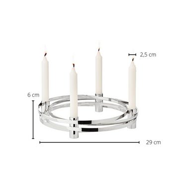 EDZARD Adventskranz Avia, (30 cm) Kerzenhalter für Stabkerzen, Adventsleuchter als Weihnachtsdeko für 4 Kerzen, Kerzenkranz als Tischdeko mit Silber-Optik, vernickelt