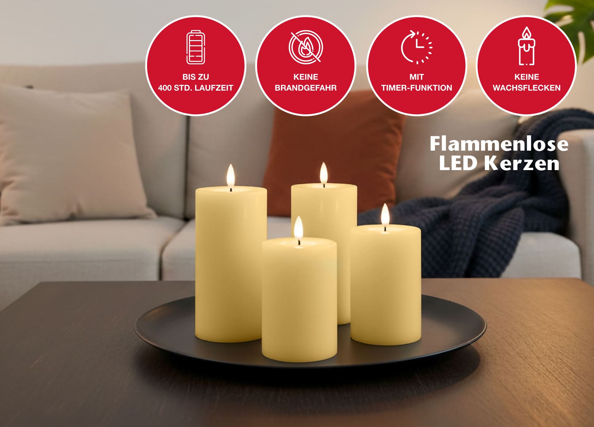 LC Home LED-Kerze (Spar-Set, 4-tlg., verschiedene Größen), Echtwachs, Dimmbar, Timer Funktion