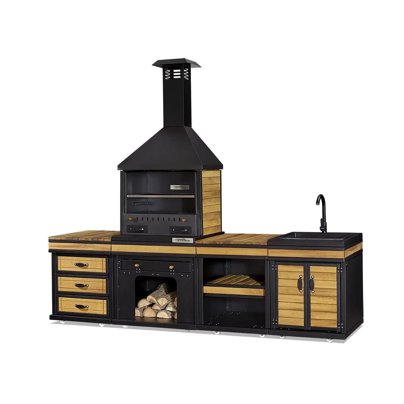 JVmoebel Outdoor-Küche Elegante Außenküche aus Holz und Edelstahl in Schwarz mit Grill, Made in Europe