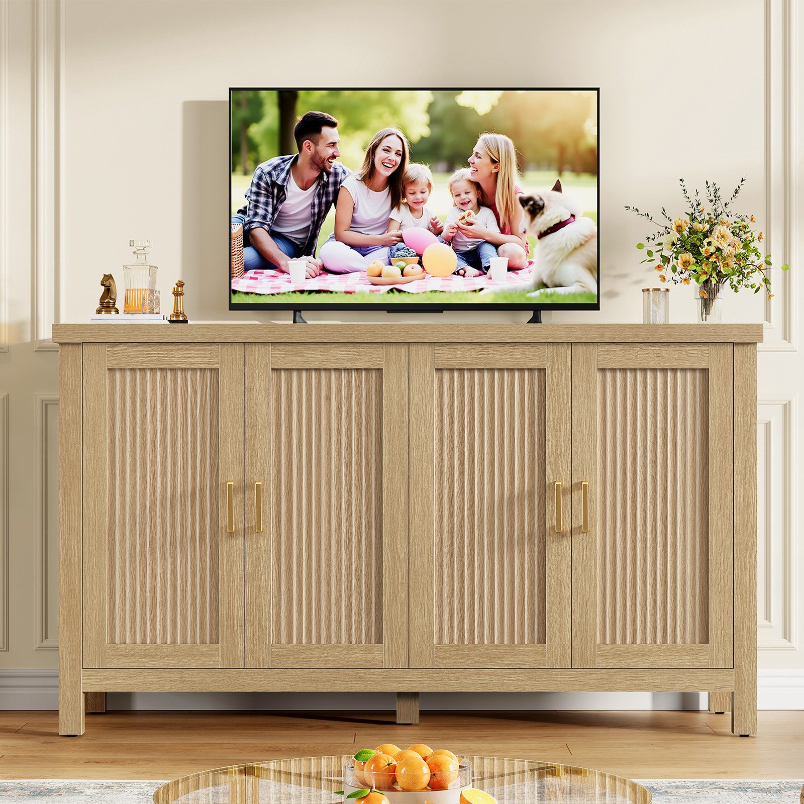 TEENFON Sideboard 140 cm breites Sideboard (mit gestreiften Türen und goldenen Griffen) (1 St) – Bild 2 von 5