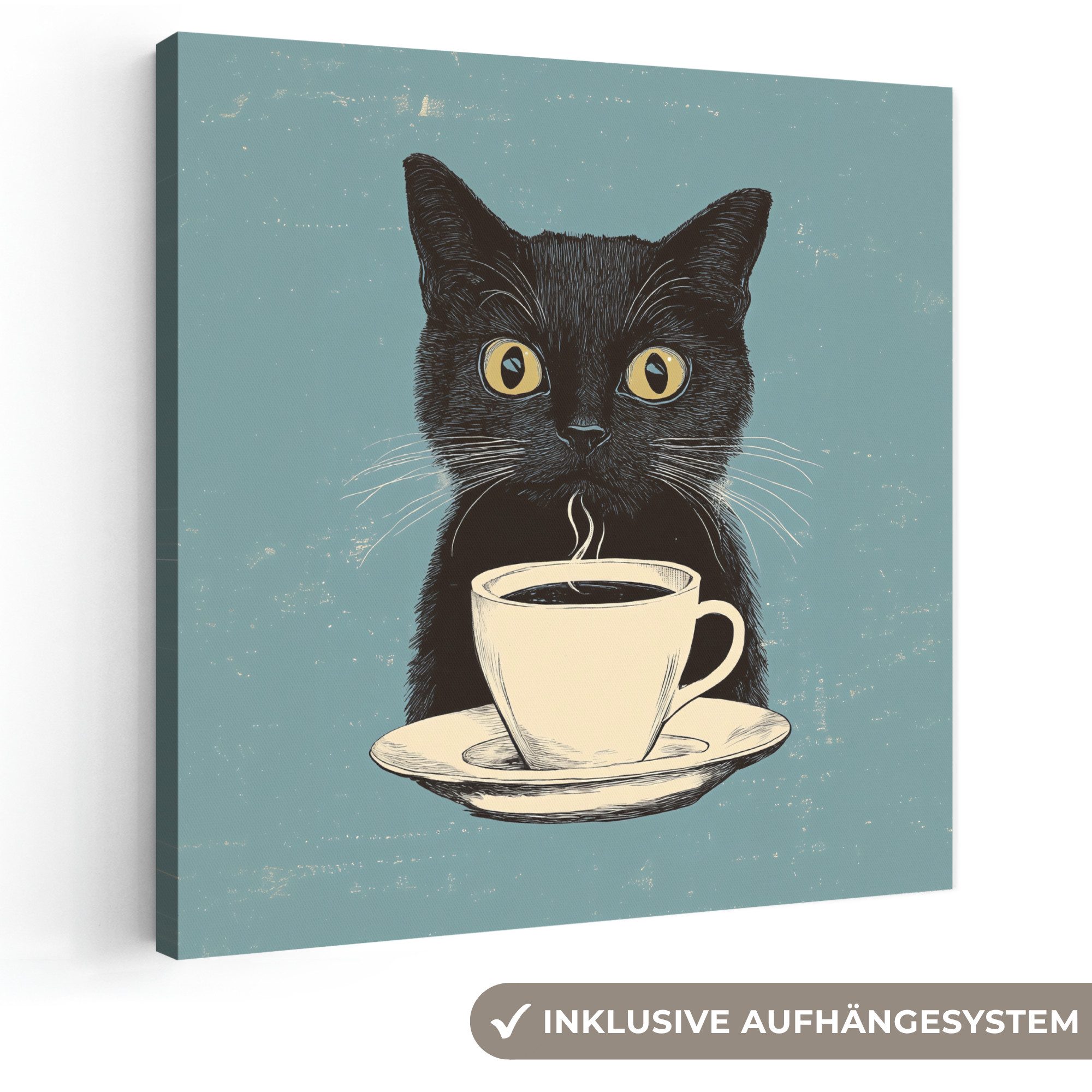 OneMillionCanvasses® Leinwandbild Katze - Schwarz - Kaffee - Minimalistisch, Fotodruck (1 St), Wandbild, Deko Schlafzimmer Wohnzimmer Flur 20x20 cm