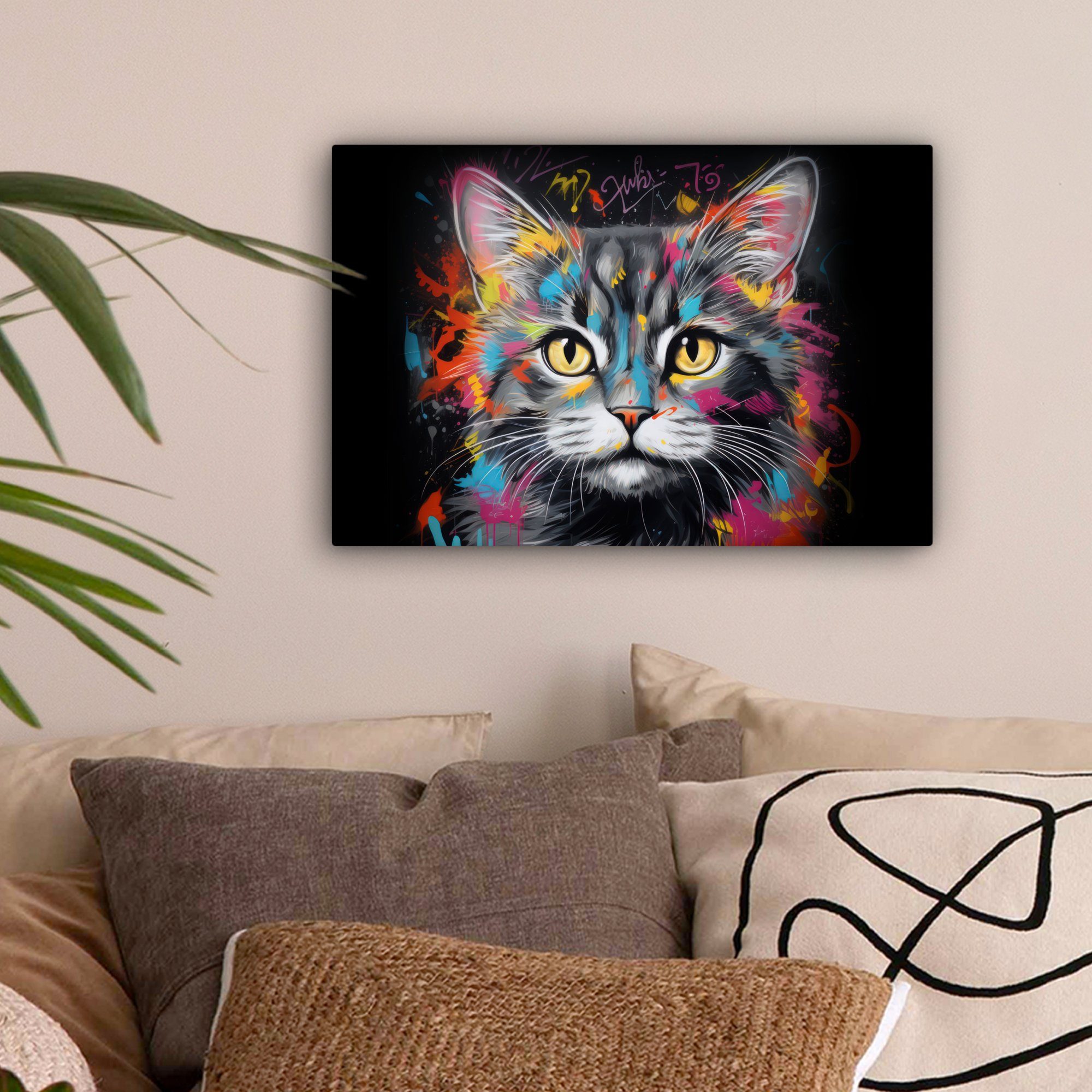 OneMillionCanvasses® Leinwandbild Katze - Graffiti - Tiere - Farben - Grau, günstig online kaufen