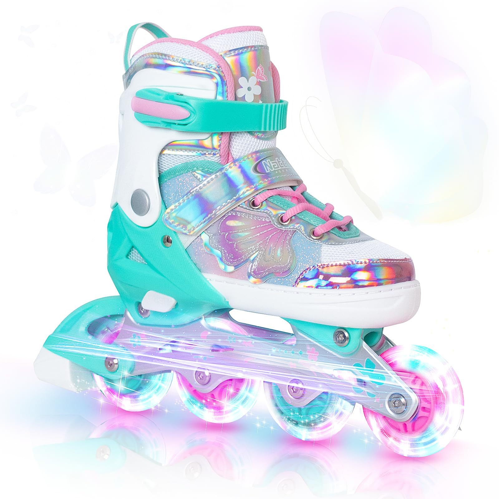 Nattork Inlineskates Kinder Inliner für Mädchen, 4 Größen verstellbar, Schmetterling Inline Rollschuhe (Größe M: 32-36 EU / 205-230 mm)