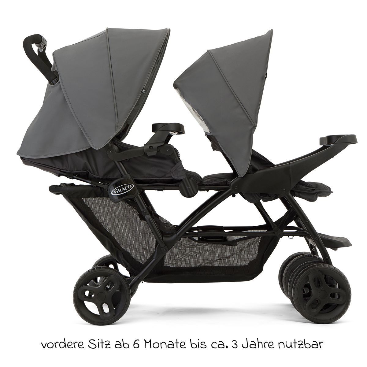 Graco Geschwisterwagen Stadium Duo - Titanium, Zwillingskinderwagen Geschwister Buggy Einhändig kompakt Faltbar