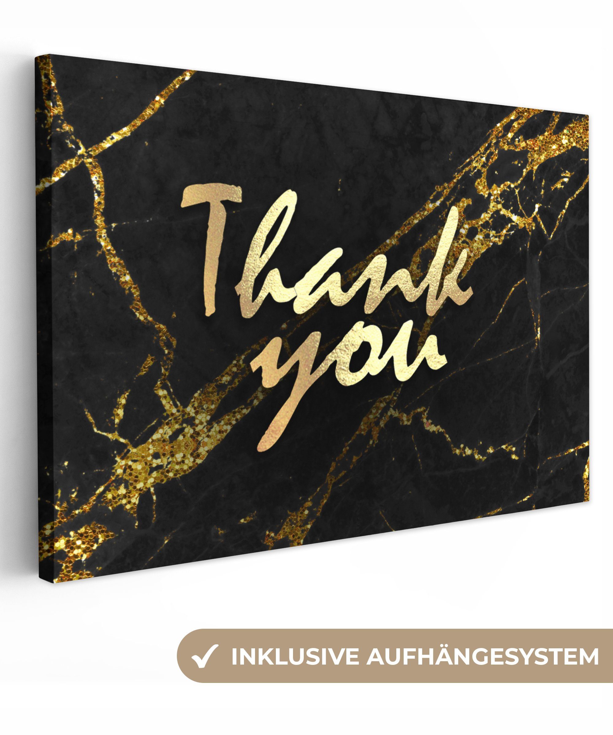 OneMillionCanvasses® Leinwandbild Zitate - Dank - Gold - Marmor, (1 St), Wandbild Leinwandbilder, Aufhängefertig, Wanddeko, 30x20 cm