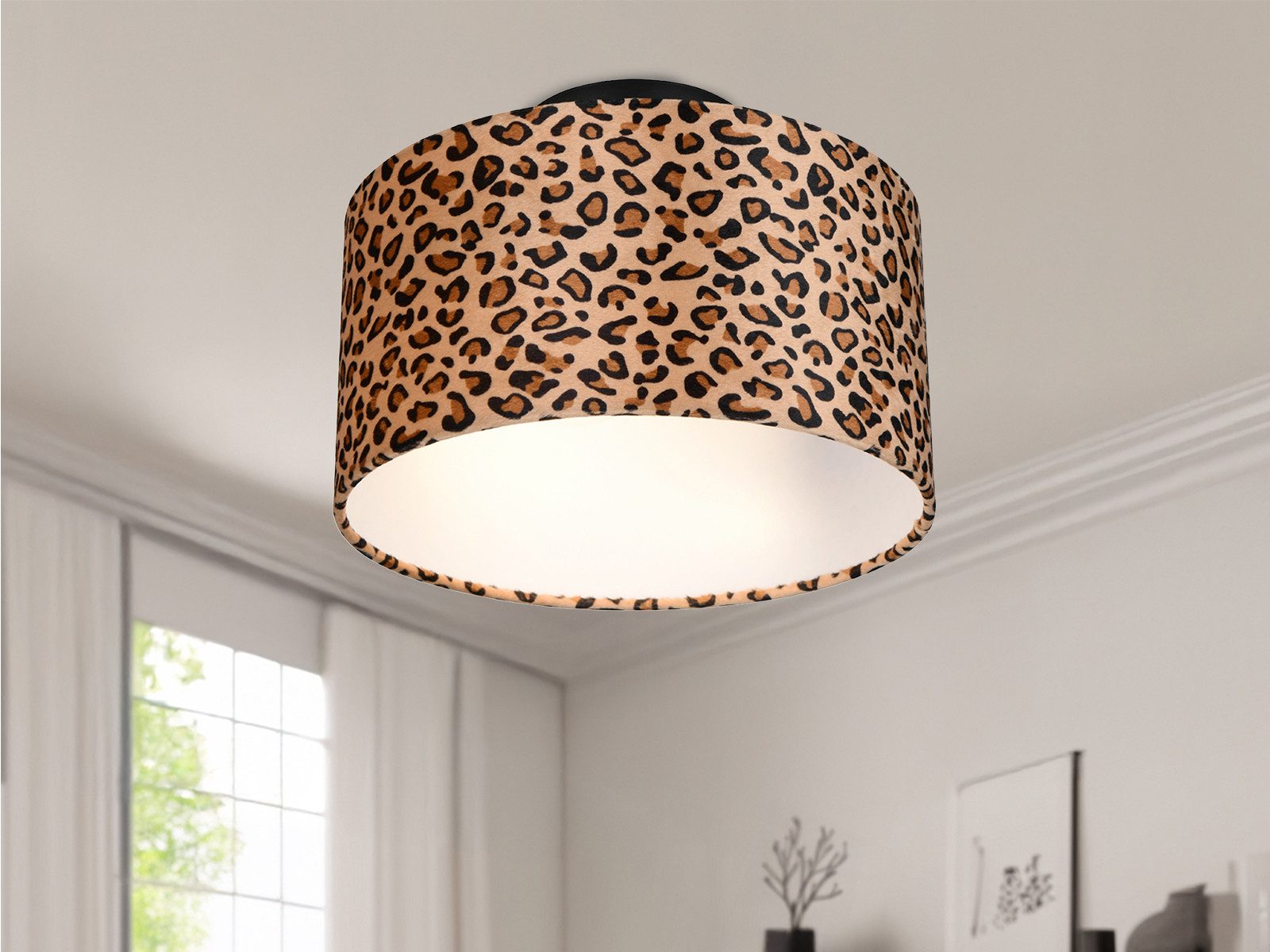 Reality Leuchten LED Deckenleuchte mit Stoffschirm Leopardenmuster Ø 30cm, Dimmfunktion, LED wechselbar, warmweiß, ausgefallene besondere coole Deckenlampe Wohnzimmer & Jugendzimmer