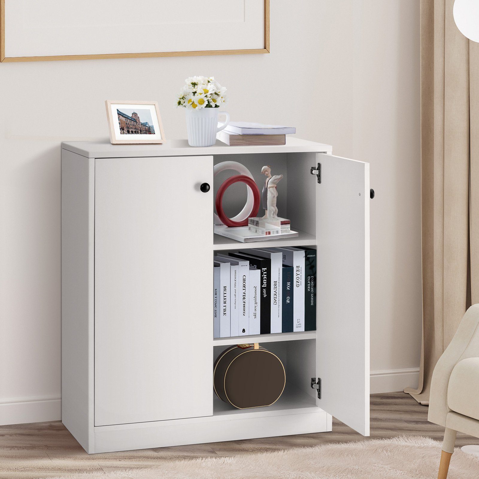 COSTWAY Kommode, Sideboard mit verstellbaren Regalen Holz weiß