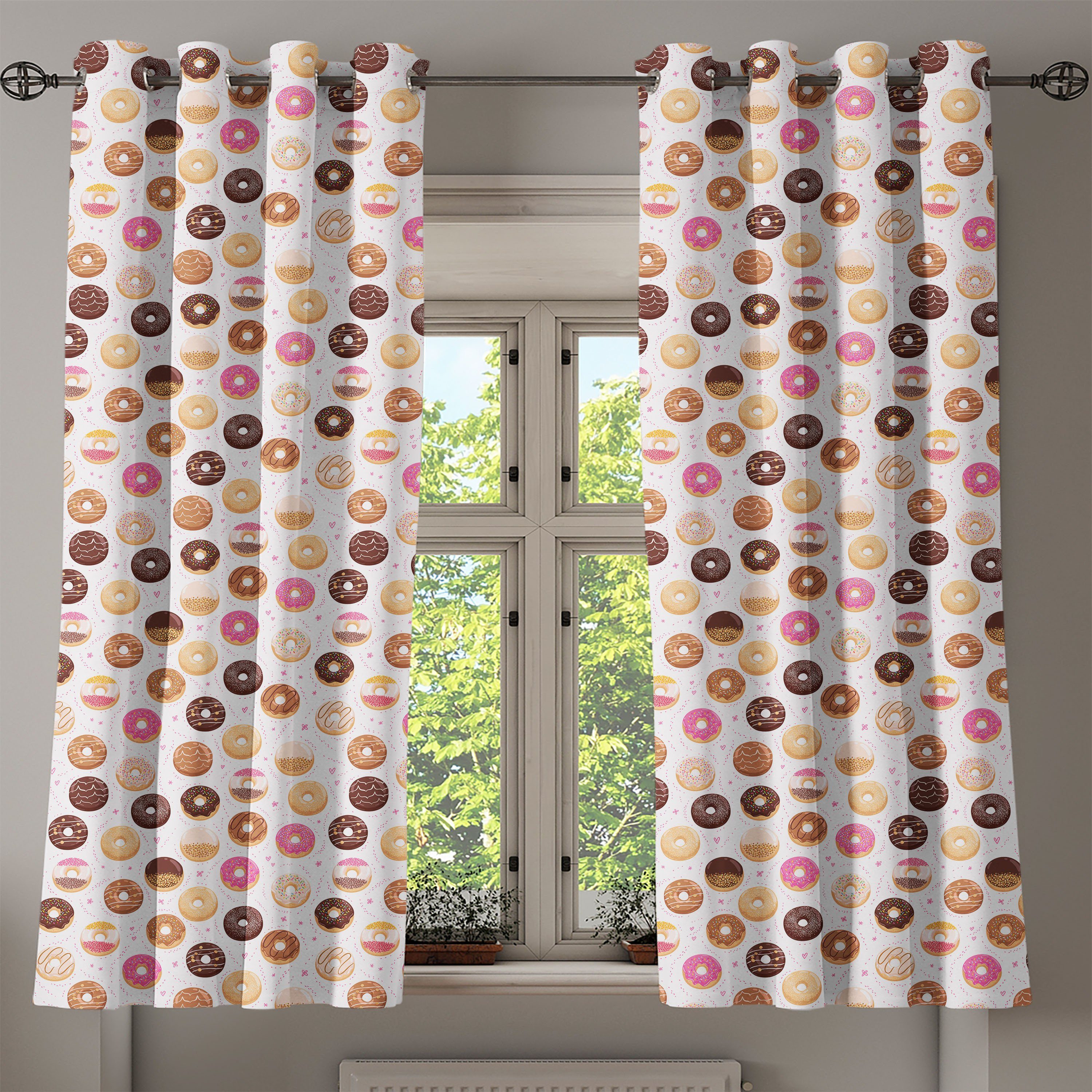 Gardine Donuts 2-Panel-Fenstervorhänge für Schlafzimmer Wohnzimmer, Abakuhaus, Dekorative Bunte Yummy Rosa