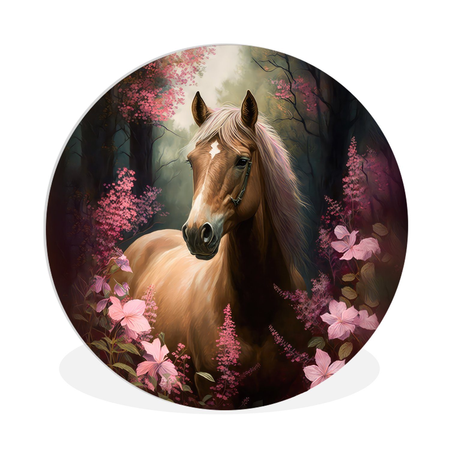 MuchoWow Gemälde Pferd - Blumen - Rosa - Natur - Wald, (1 St), Kreis Wanddekoration Forex, Rundes Wandbild, Wohnzimmer, 30x30 cm | Gemälde