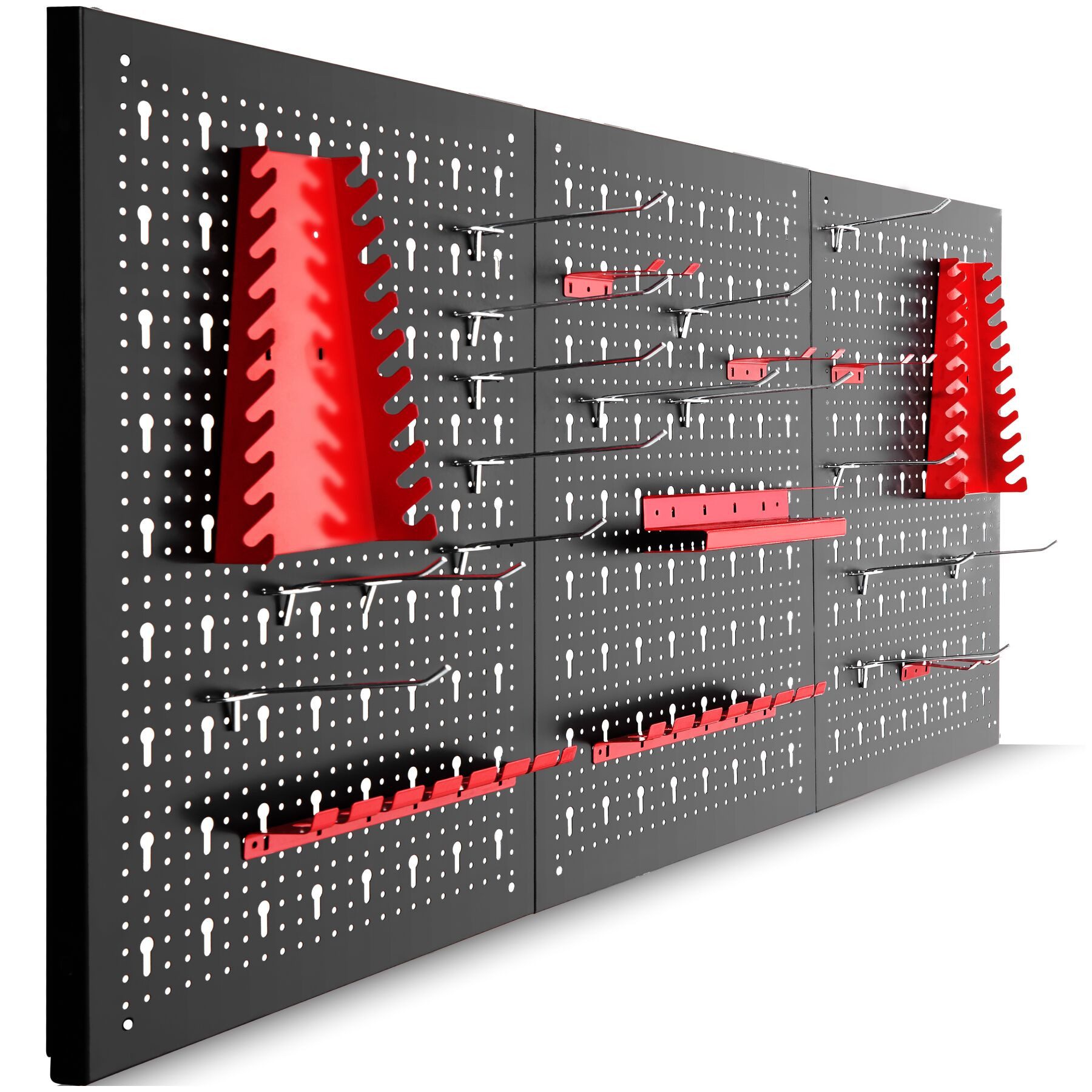 tectake Lochwand Werkzeugwand aus Metall 3-teilig 120x60 cm mit 25 Haken erweiterbar, (Werkzeughalterwand, 3-tlg., in Schwarz/rot), Belastbarkeit 4 kg pro Platte, einfache Montage, Inkl. Zubehör