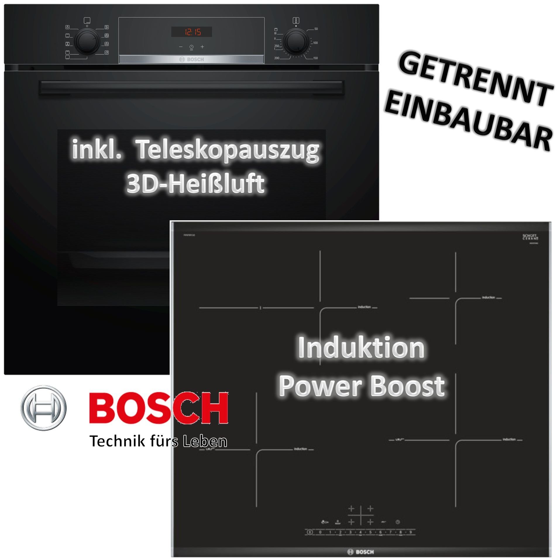 keenberk Induktions Herd-Set HERDSET Bosch Backofen mit Induktionskochfeld  autark 60 cm Teleskopauszug NEU