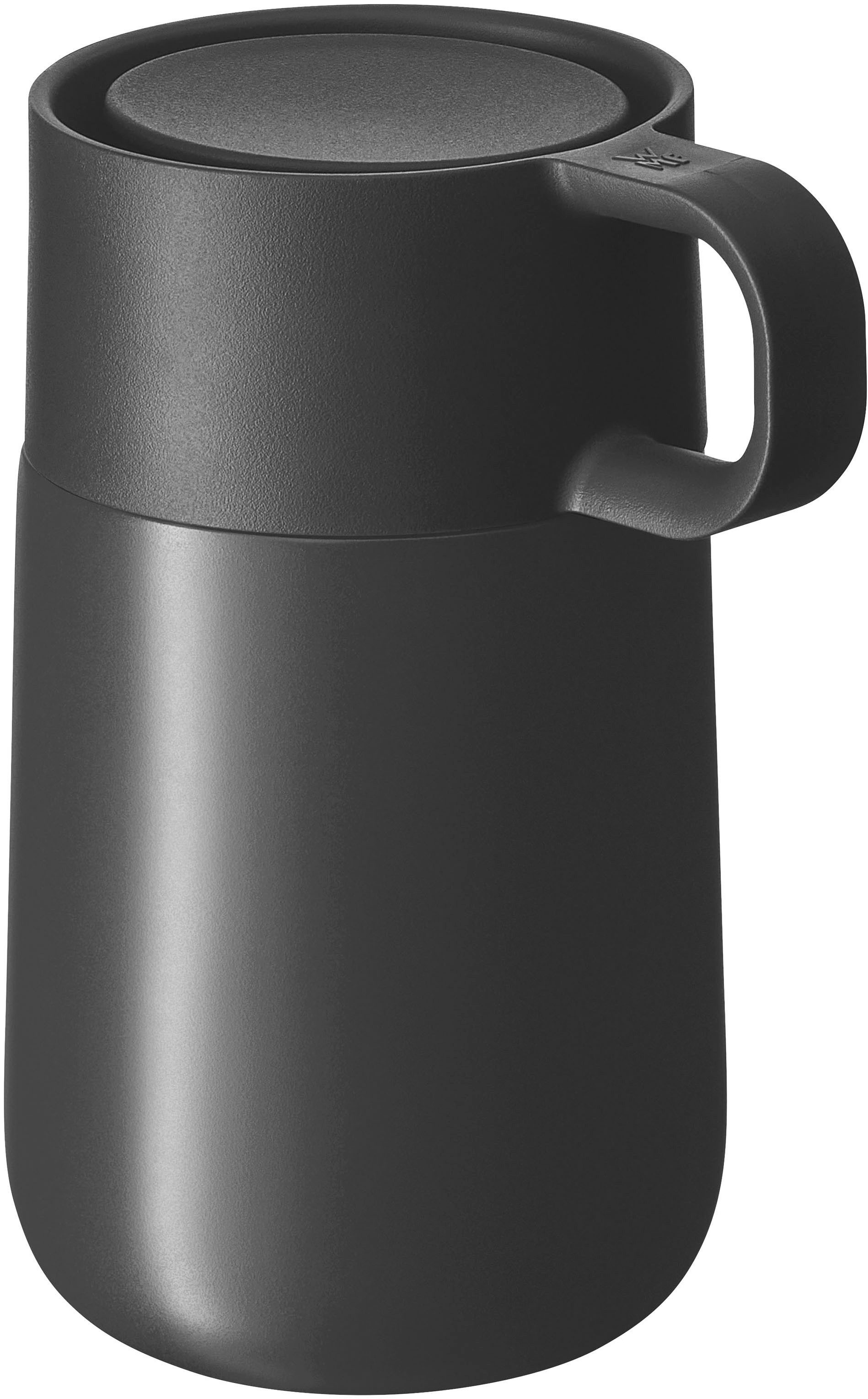 WMF Thermobecher Impulse Travel Mug, Cromargan® Edelstahl Rostfrei 18/10, Silikon, doppelwandiger Edelstahl, geringe Höhe, 360°-Trinköffnung
