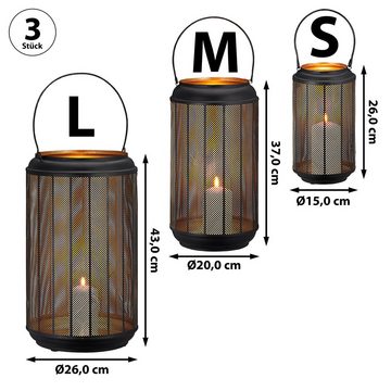 CEPEWA Teelichthalter Windlicht 3er Set mit Henkel schwarz gold
