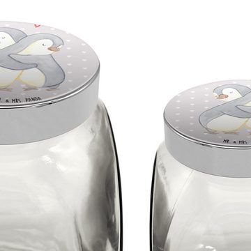 Mr. & Mrs. Panda Vorratsglas XL 2000ml Pinguine Kuscheln - Grau Pastell - Geschenk, Glasbälter, Fr, Premium Glas, (1-tlg), Vielseitig einsetzbar