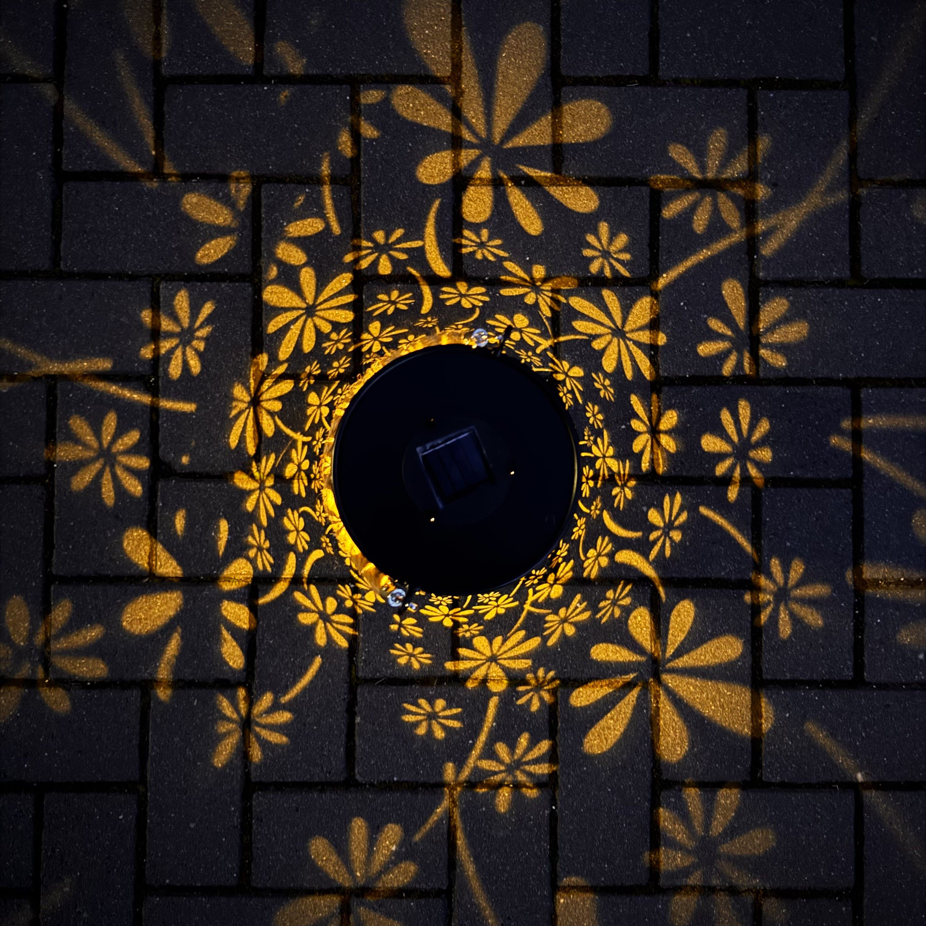 Online-Fuchs LED Laterne mit Solarbeleuchtung und Lichtspiel - Outdoor - Schwarz, 37 cm groß, faszinierendes Blumebild in der Dunkelheit, warmweiße Beleuchtung, Dekoration für Garten, Terrasse und Balkon