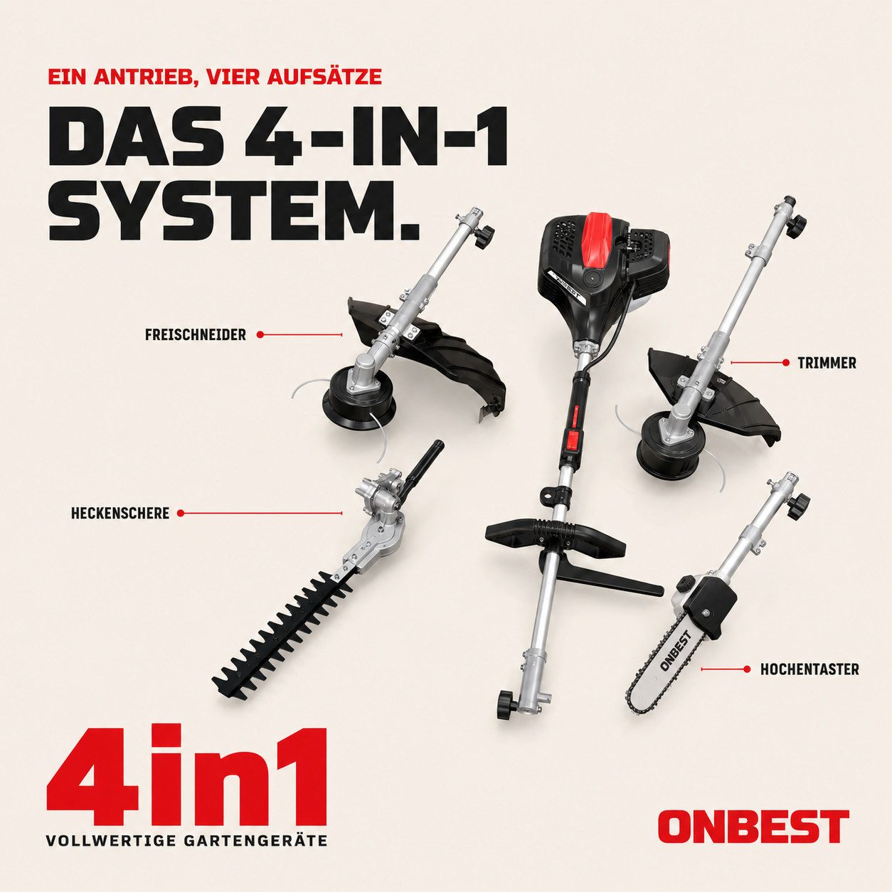 Onbest Benzin-Motorsense MT1452 Multitool 4in1, 25,5 cm Arbeitsbreite Messer, 45 cm Arbeitsbreite Faden, 52 cm³, 9200 U/min, 1,2 Liter, Tragegurt