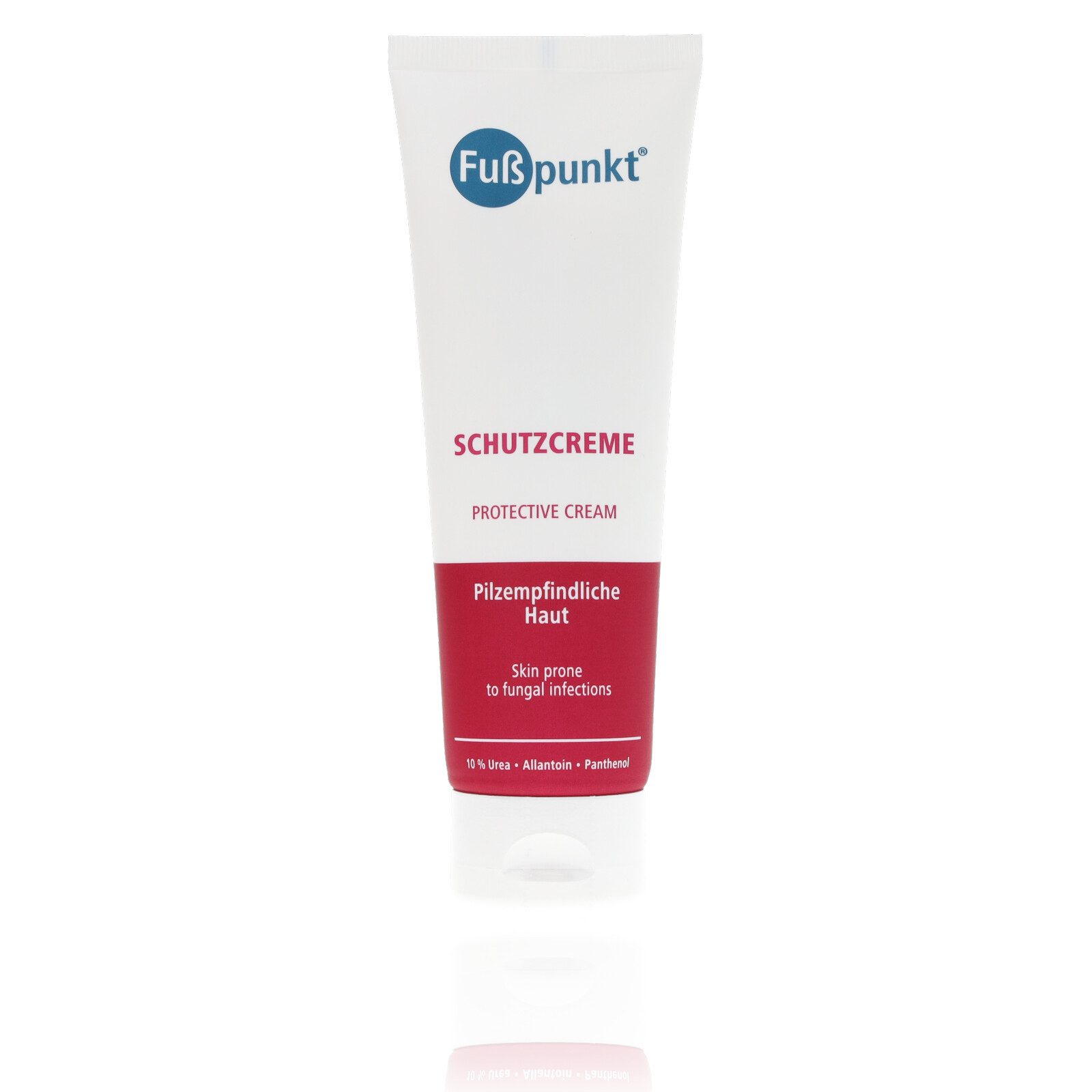 Fußpunkt Fußcreme Fußpunkt Schutzcreme für Fußpilz-empfindliche Haut 125ml Mit Clotrimazol, Urea, Panthenol & Allantoin, 1-tlg., Beruhigt Juckreiz, fördert Heilung, stärkt Hautbarriere