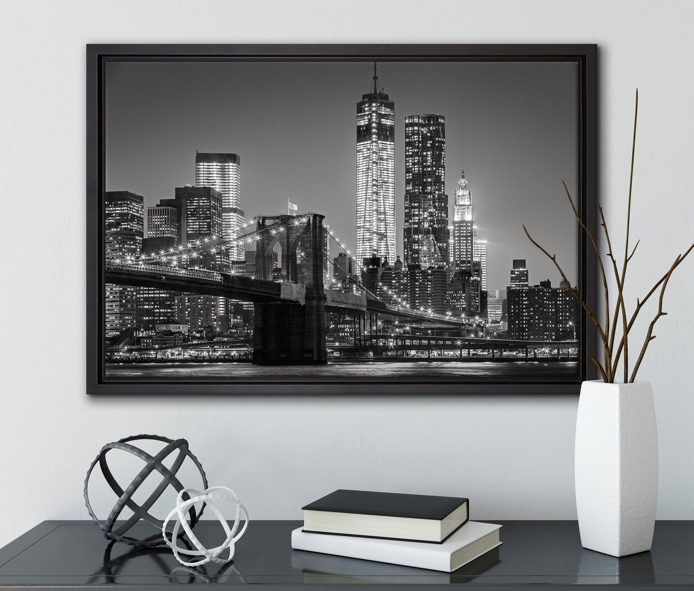 Pixxprint Leinwandbild New York Wanddekoration Skyline gefasst, St), City inkl. einem Leinwandbild fertig Nacht, bei Schattenfugen-Bilderrahmen in (1 bespannt, Zackenaufhänger