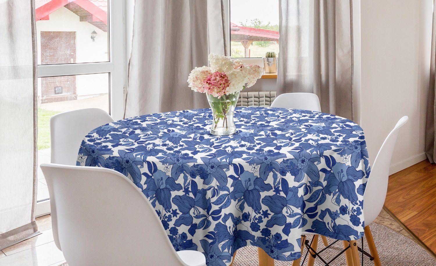 Abakuhaus Tischdecke Kreis Tischdecke Abdeckung für Esszimmer Küche Dekoration, Blumen Blaue Töne Blumen Romantik