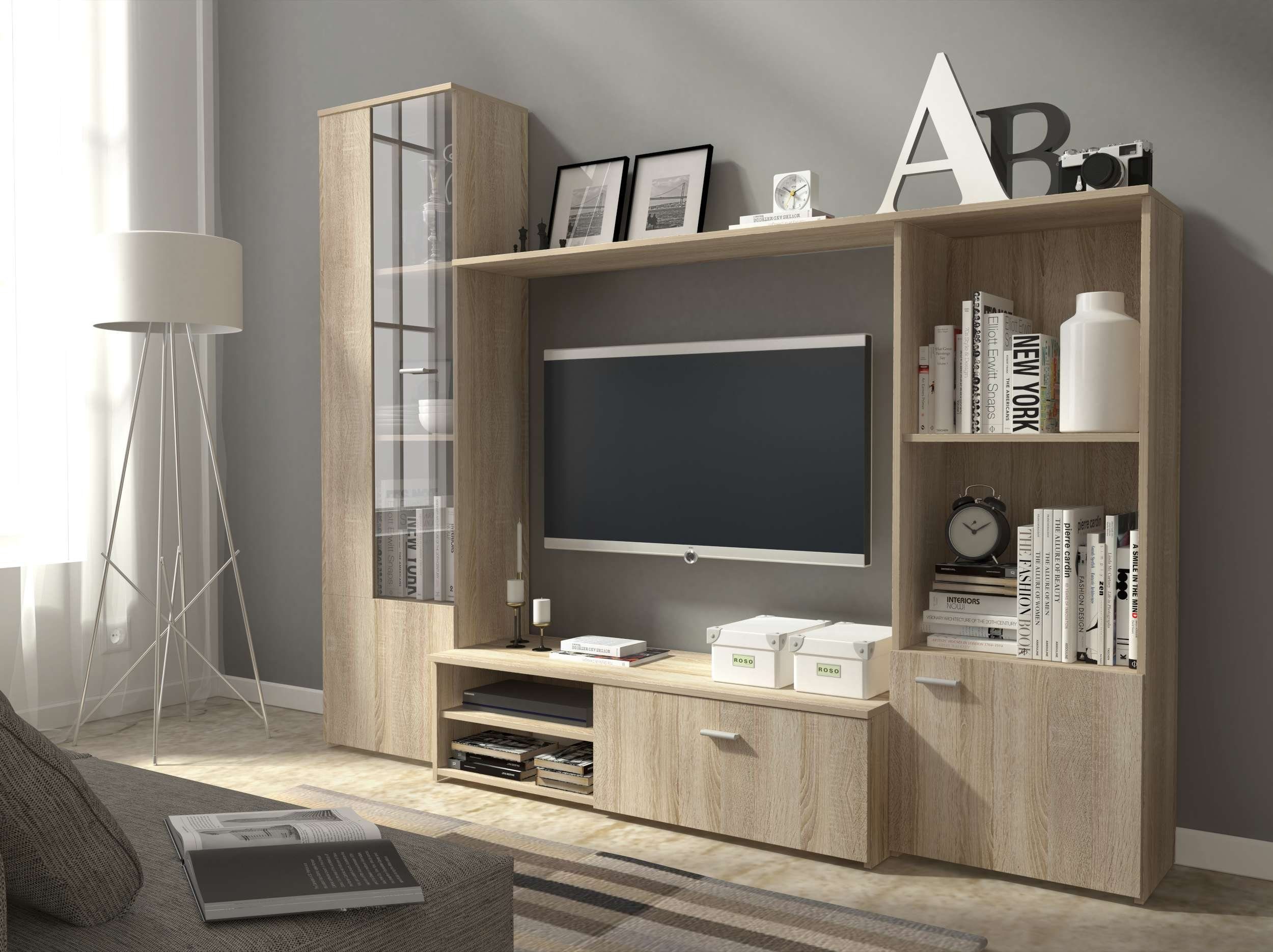 Stylefy Wohnwand Daff, (Set (3-St), Wohnzimmer-Set), bestehend aus 1xLowboard, 1xRegalschrank und 1xStandvitrine, viel Stauraum, Modern Design Sonoma Eiche