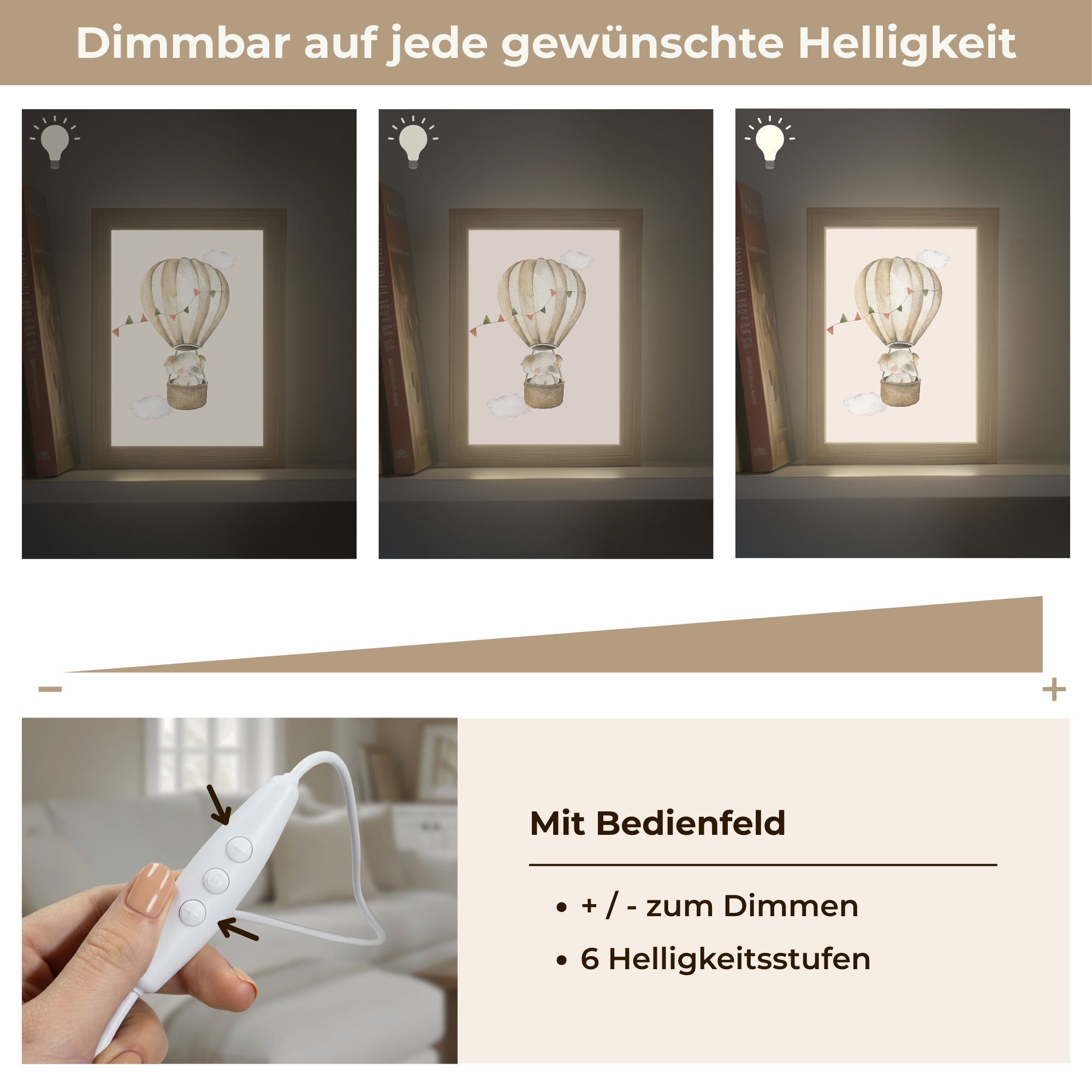 OnlyWow Wandleuchte Lightbox Heißluftballon - Elefant - Aquarell - Beige - Tiere - Mädchen, Dimmbar, Farbwechsel, LED, Warmweiß, Kaltweiß, Neutralweiß Einstellbar, Wandlampe Innen, Dimmbar, mit Kabel, LED, Beleuchtung, Kinderzimmer