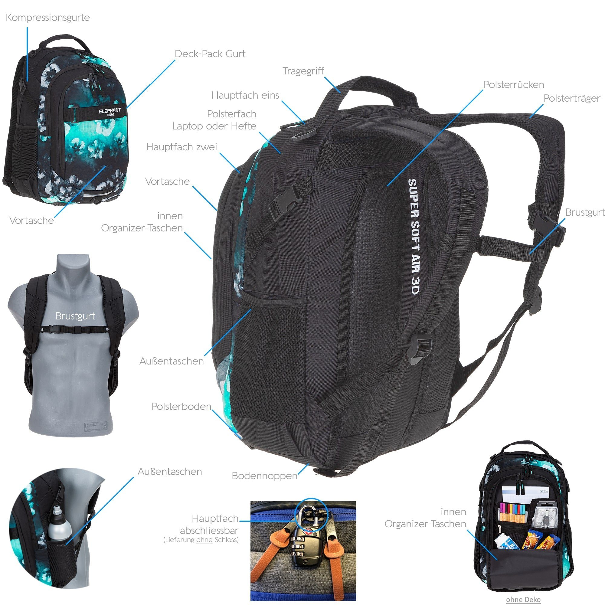 ELEPHANT Schulrucksack Hero Signature Schultasche (2 Teile Set), Rucksack + Mäppchen Box