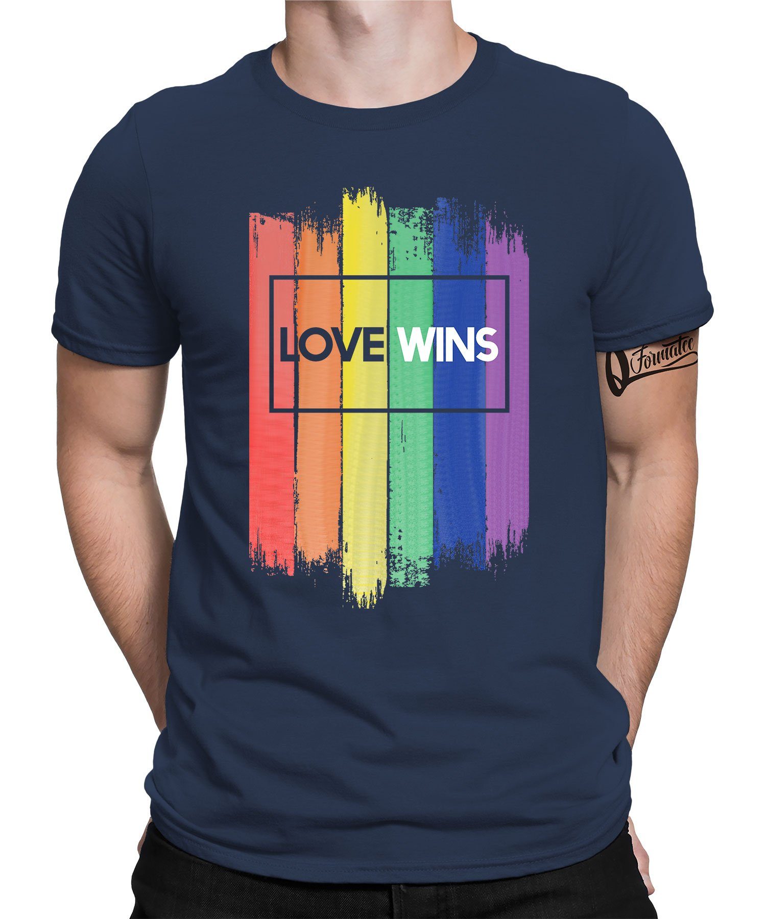 Love Wins (1-tlg) - T-Shirt Herren Formatee Pride LGBT Blau Kurzarmshirt Regenbogen Navy Stolz Gay Quattro