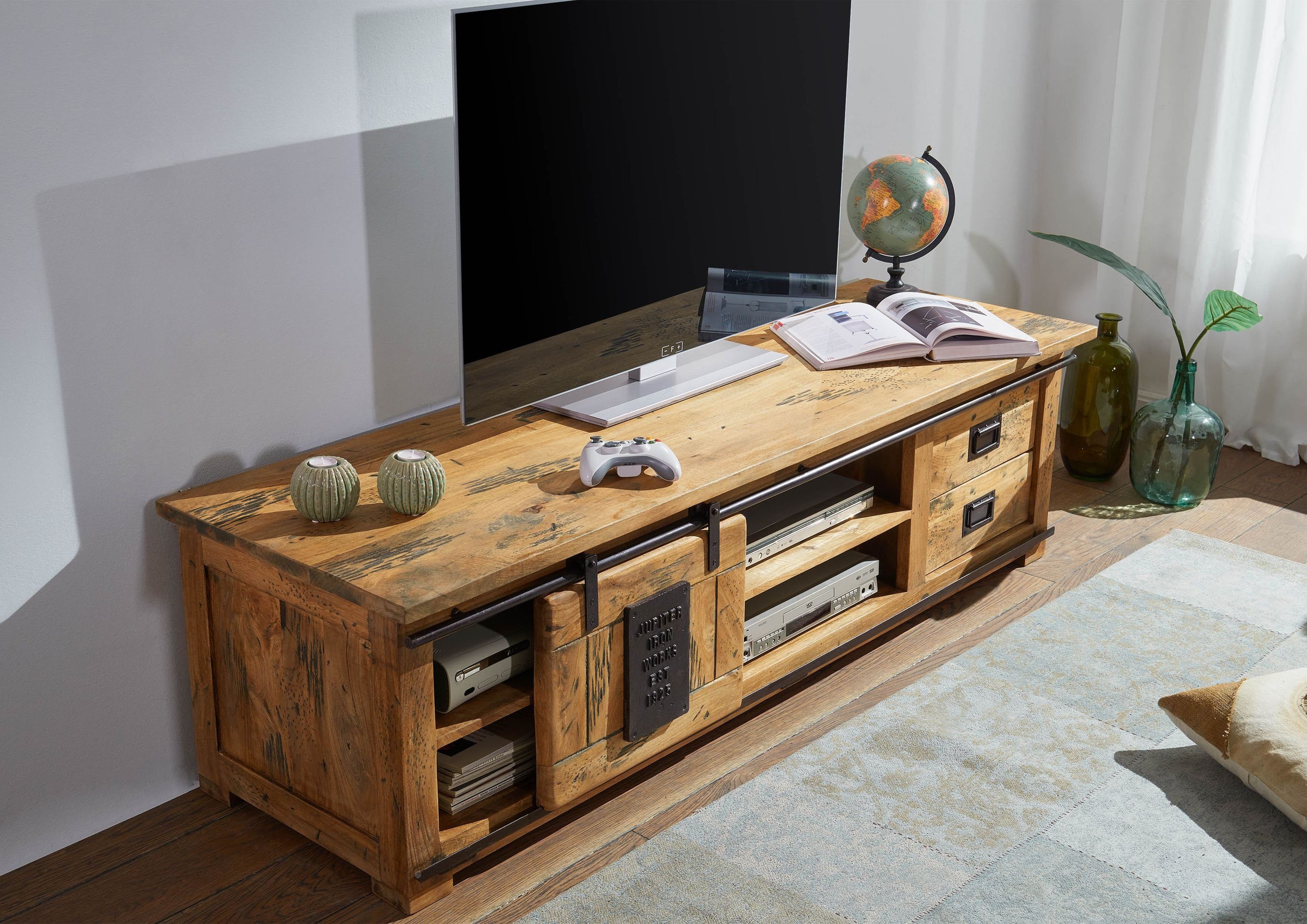 Massivmoebel24 TV-Board RAILWAY (Massivholz), TV-Board Mango 180x55x50 natur lackiert RAILWAY #145