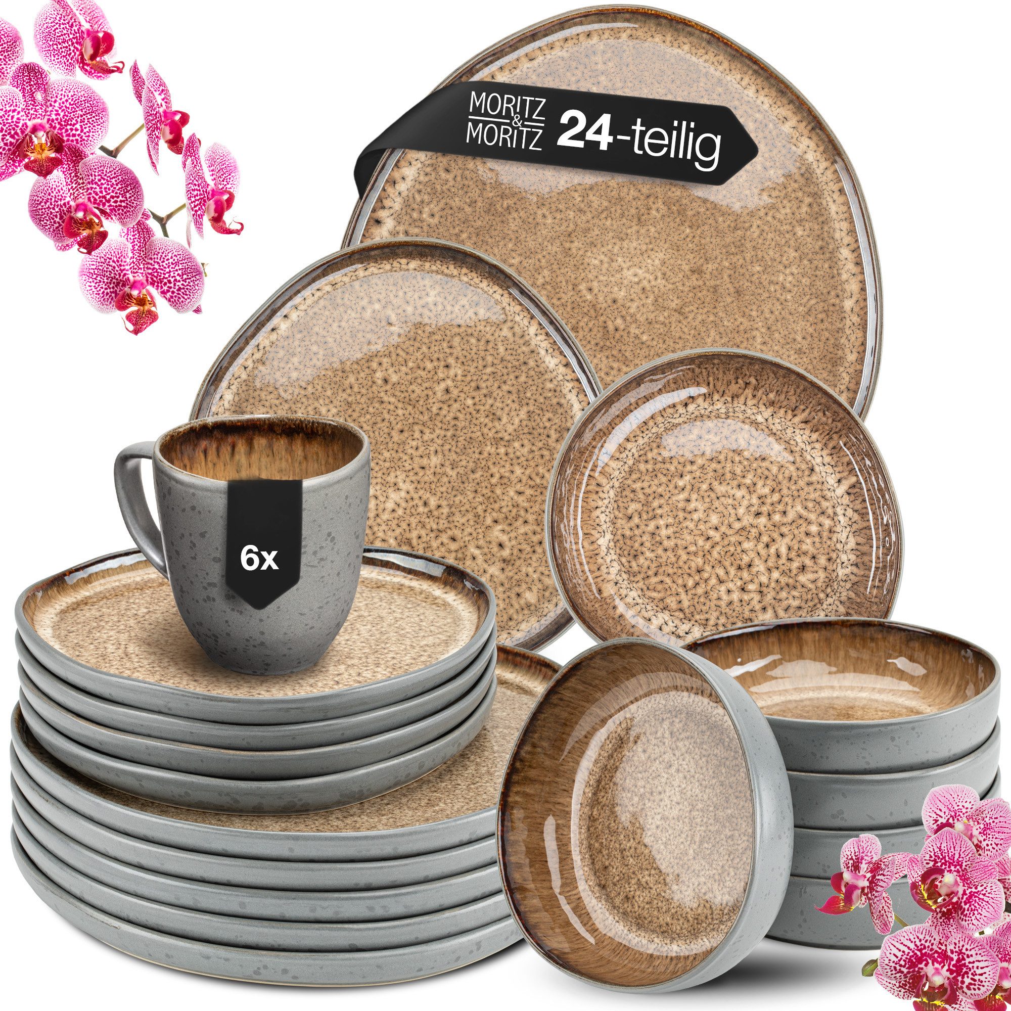 Moritz & Moritz Kombiservice ORGANIC Geschirrset mit Tassen 24tlg Beige (24-tlg), 6 Personen, Steinzeug, Kombigeschirr für 6 Personen