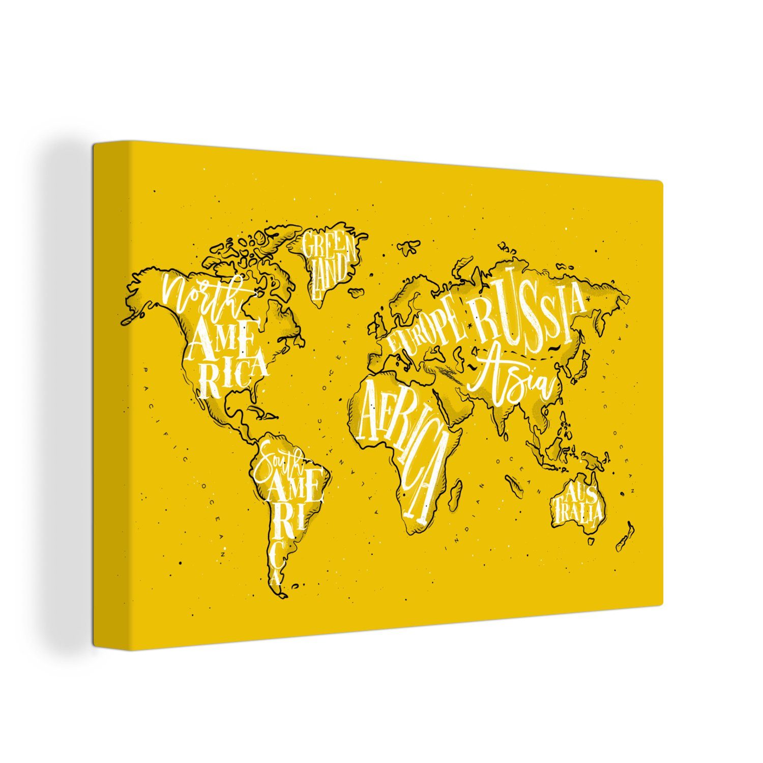 OneMillionCanvasses® Leinwandbild Weltkarte - Gelb - Weiß - Einfach, (1 St), Wandbild Leinwandbilder, Aufhängefertig, Wanddeko, 30x20 cm