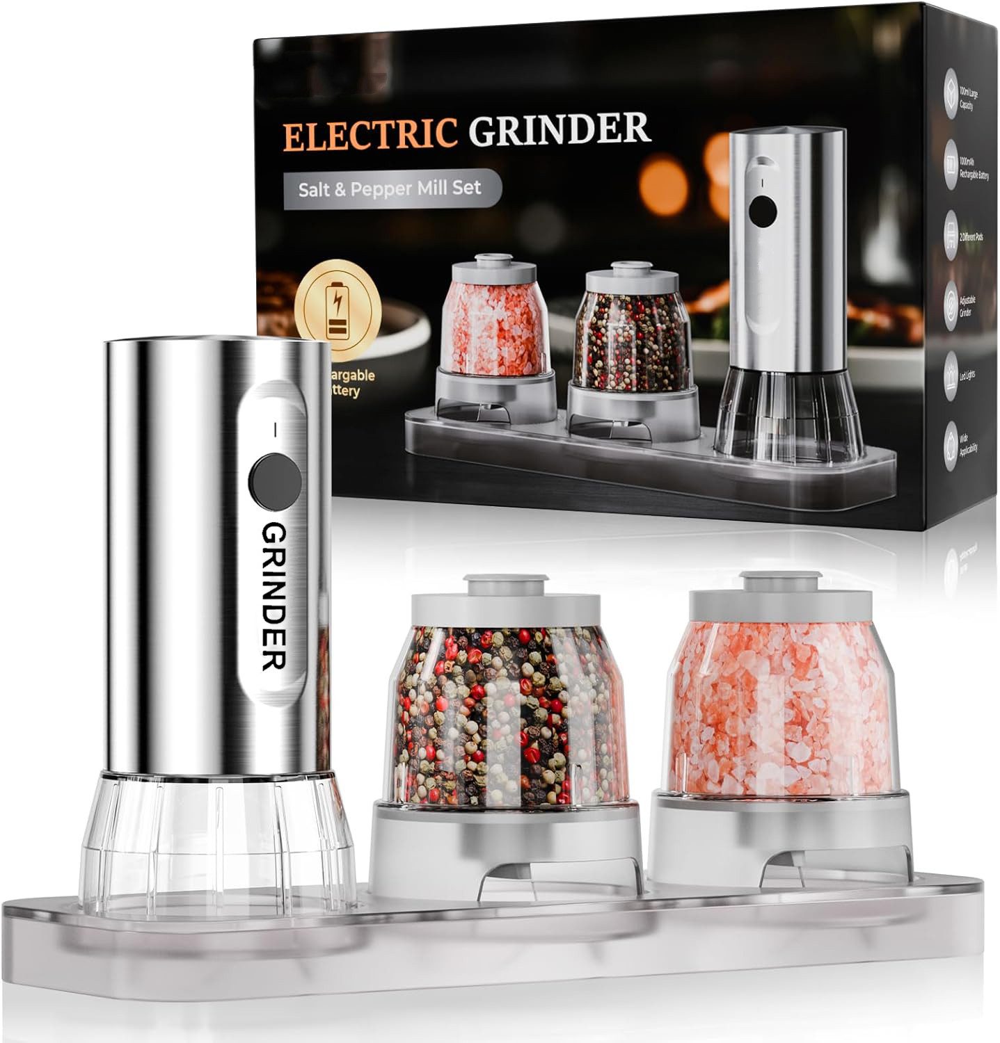 Elegear Salz-/Pfeffermühle Salzmühle & Pfeffermühle Set, pfeffermühle elektrisch, Keramikmahlwerk Akku, (1 Stück), Elektrisch-, 2×100 ml, LED-Einhand-Betrieb, USB wiederaufladbar, leise