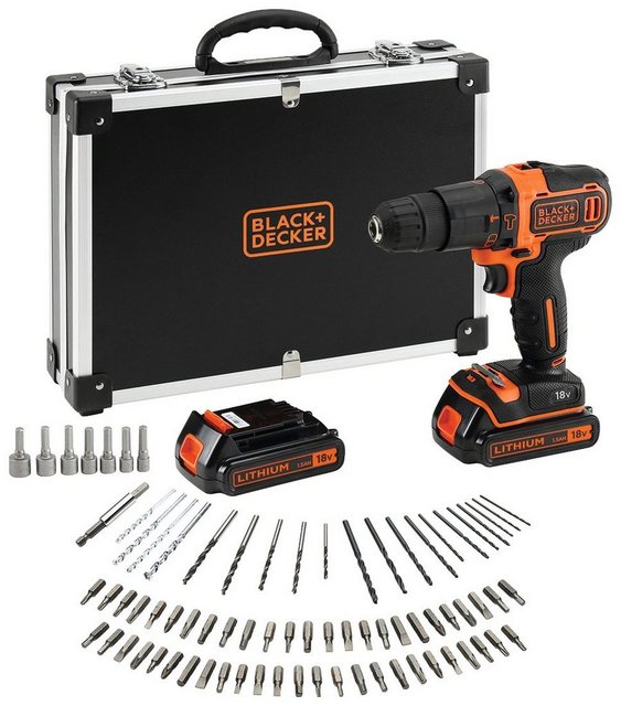 Black & Decker BLACK + DECKER Akku-Schlagbohrschrauber BDCHD18BAFC, 18V, 2x 1,5Ah Li Akkus, 80tlg. Zubehör