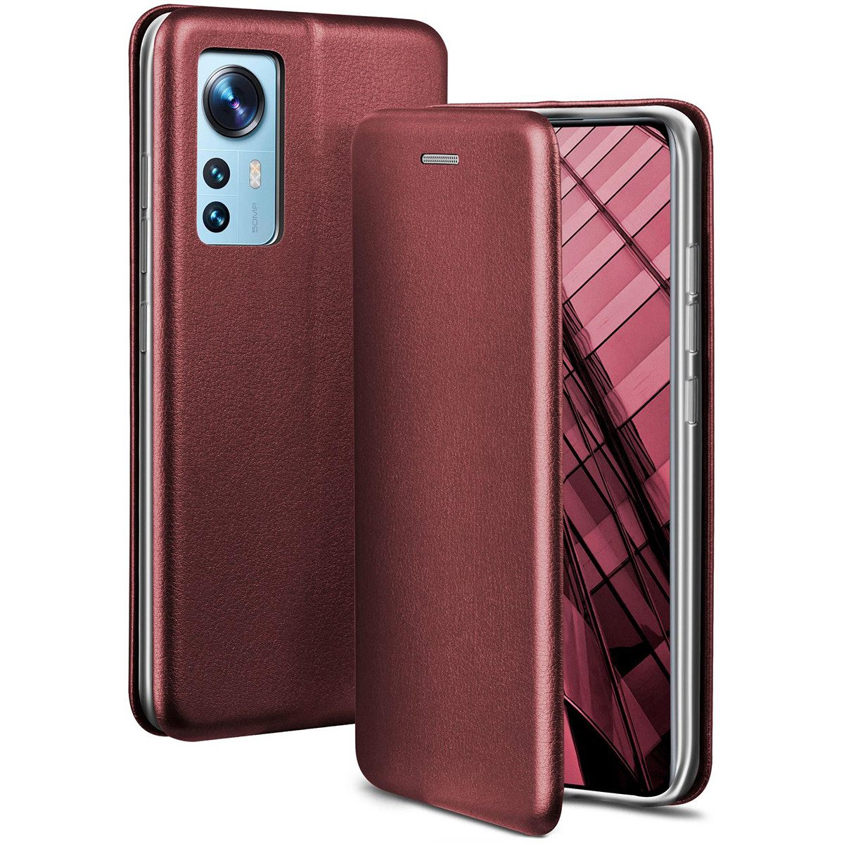 ONEFLOW Handyhülle für Xiaomi 12 Premium Hülle Business Cover Rot 6,28 Zoll, 360 Grad Schutzhülle Flip Case Etui Klapphülle Dünn Leder Handy Tasche