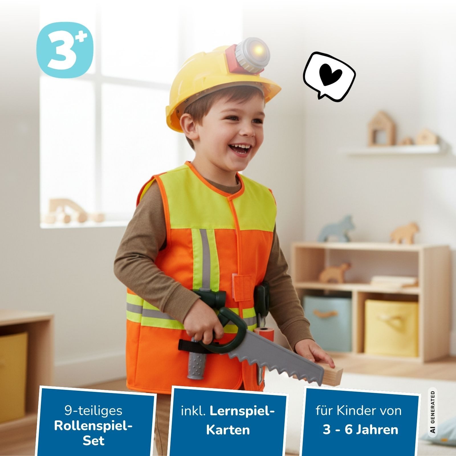 alldoro Spielzeug-Schutzweste Bauleitung Rollenspiel & Lernset, Bauleiter-Kostüm f. Kinder 3-6 Jahre, 9 Teile, Verkleidung mit Weste, Helm, Zubehör & 8 Lernkarten