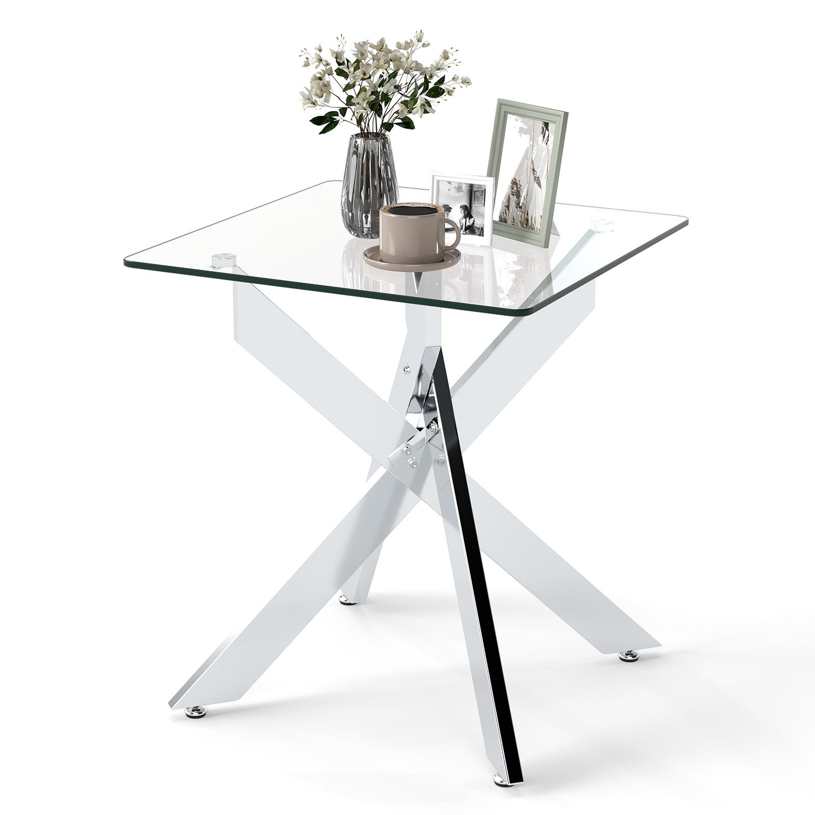 COSTWAY Beistelltisch, aus Glas, Couchtisch klein quadratisch modern