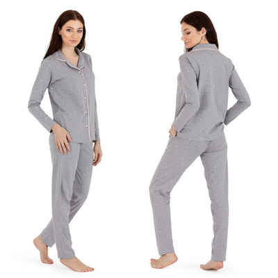 LOREZA Schlafanzug Schlafanzug Pyjama langarm- Sterne - Grau (Set, 2 tlg)